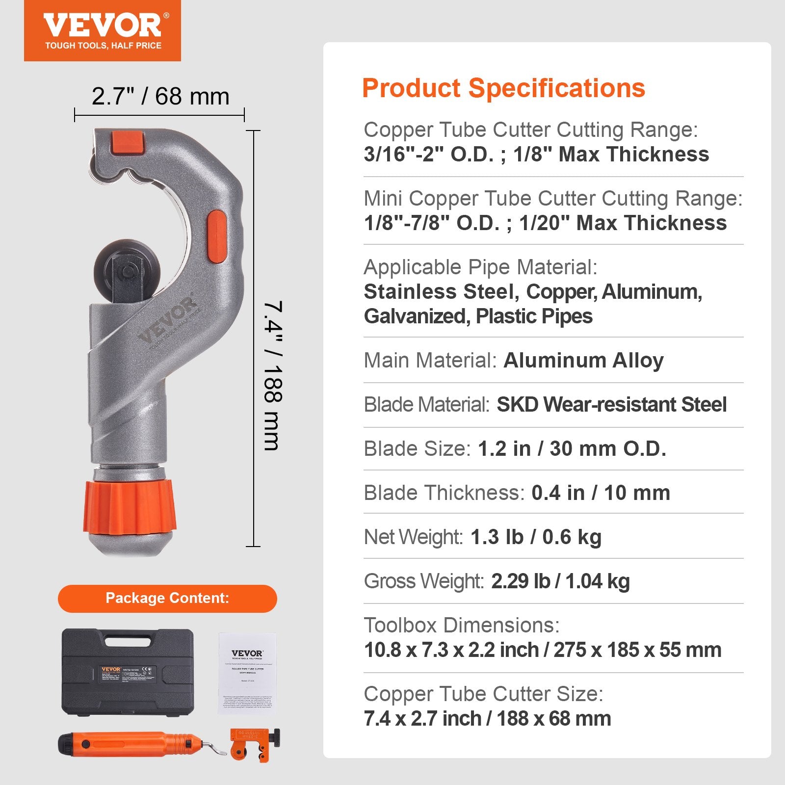 Cutters: VEVOR 3PCS Tubing Cutter Set, 3/16"-2" O.D. Copper Pipe Cutter, 1/8"-7/8" O.D. Mini Tube Cutter and Deburring Tool, Heavy Duty Pipe Cutter Set for Copper, Aluminum, Stainless Steel, Plastic Pipes