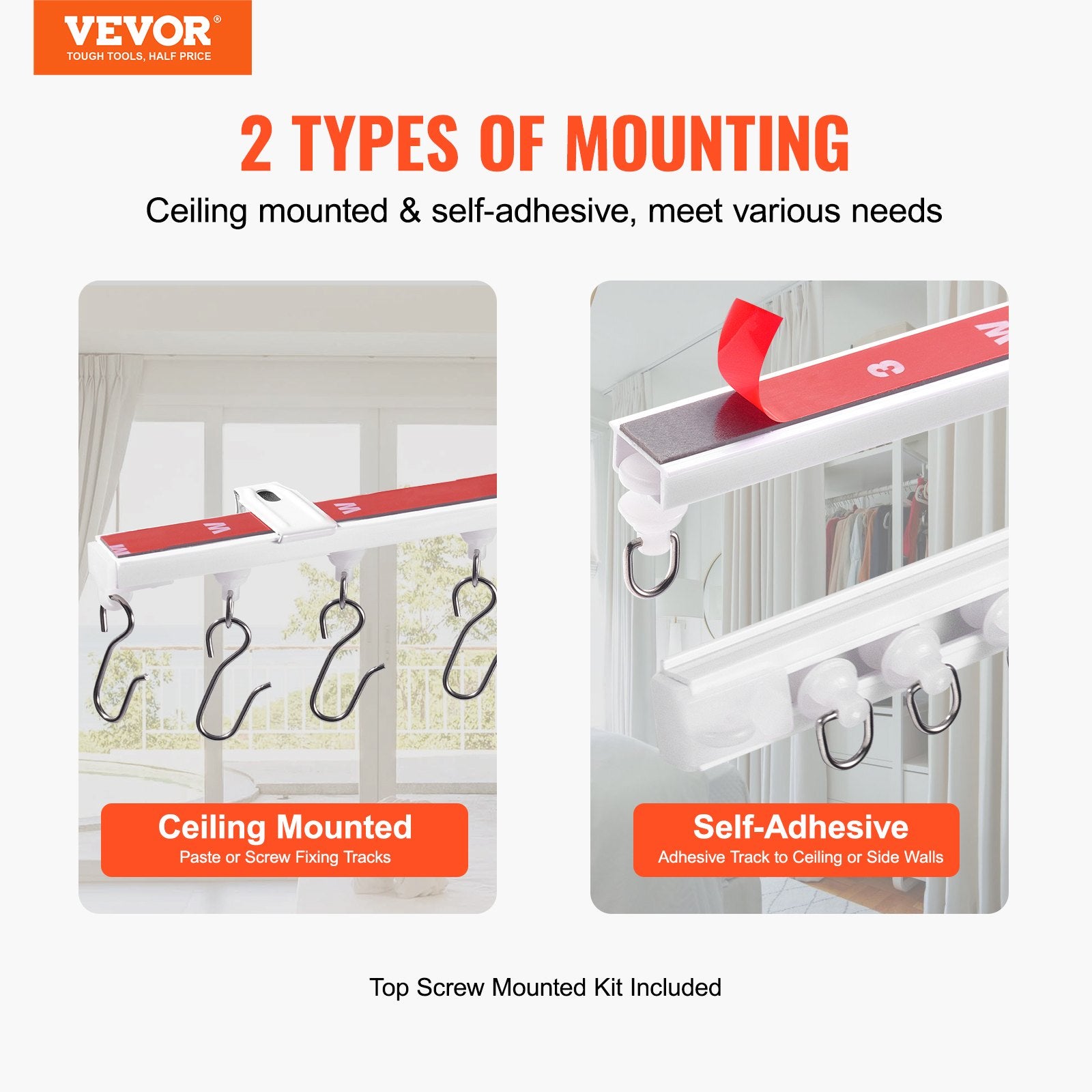 Curtain Accessories: VEVOR Ceiling Curtain Track Set, 9.9 FT/3 Meter, Self Adhesive, No Drill Ceiling Track System for Curtains, Room Divider Curtain Track Ceiling Mounted for Living Room with Hooks and Hardware, White