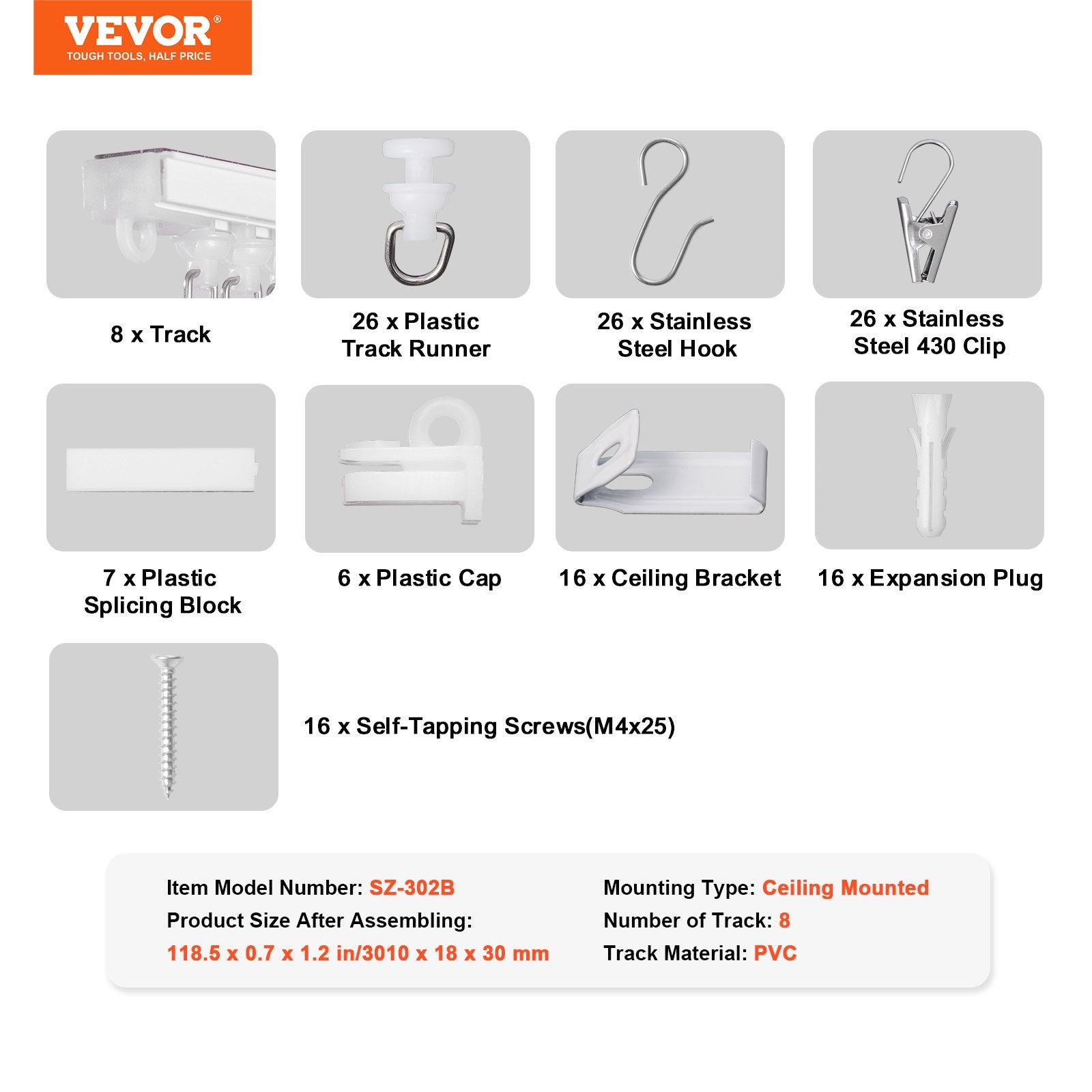Curtain Accessories: VEVOR Ceiling Curtain Track Set, 9.9 FT/3 Meter, Self Adhesive, No Drill Ceiling Track System for Curtains, Room Divider Curtain Track Ceiling Mounted for Living Room with Hooks and Hardware, White