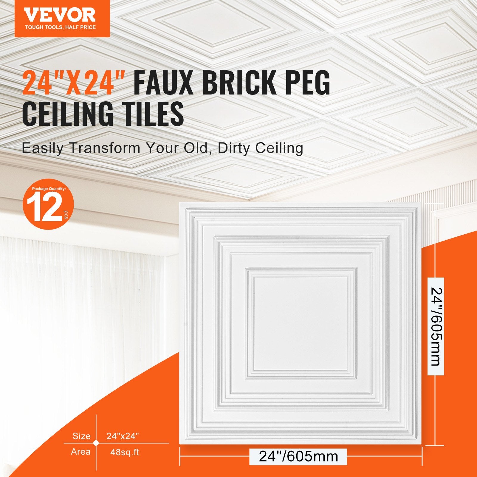 Kitchen & Bathroom DIY: VEVOR Ceiling Tiles 12-Pack 24 x 24 in PVC Easy Installation White Peg Pattern
