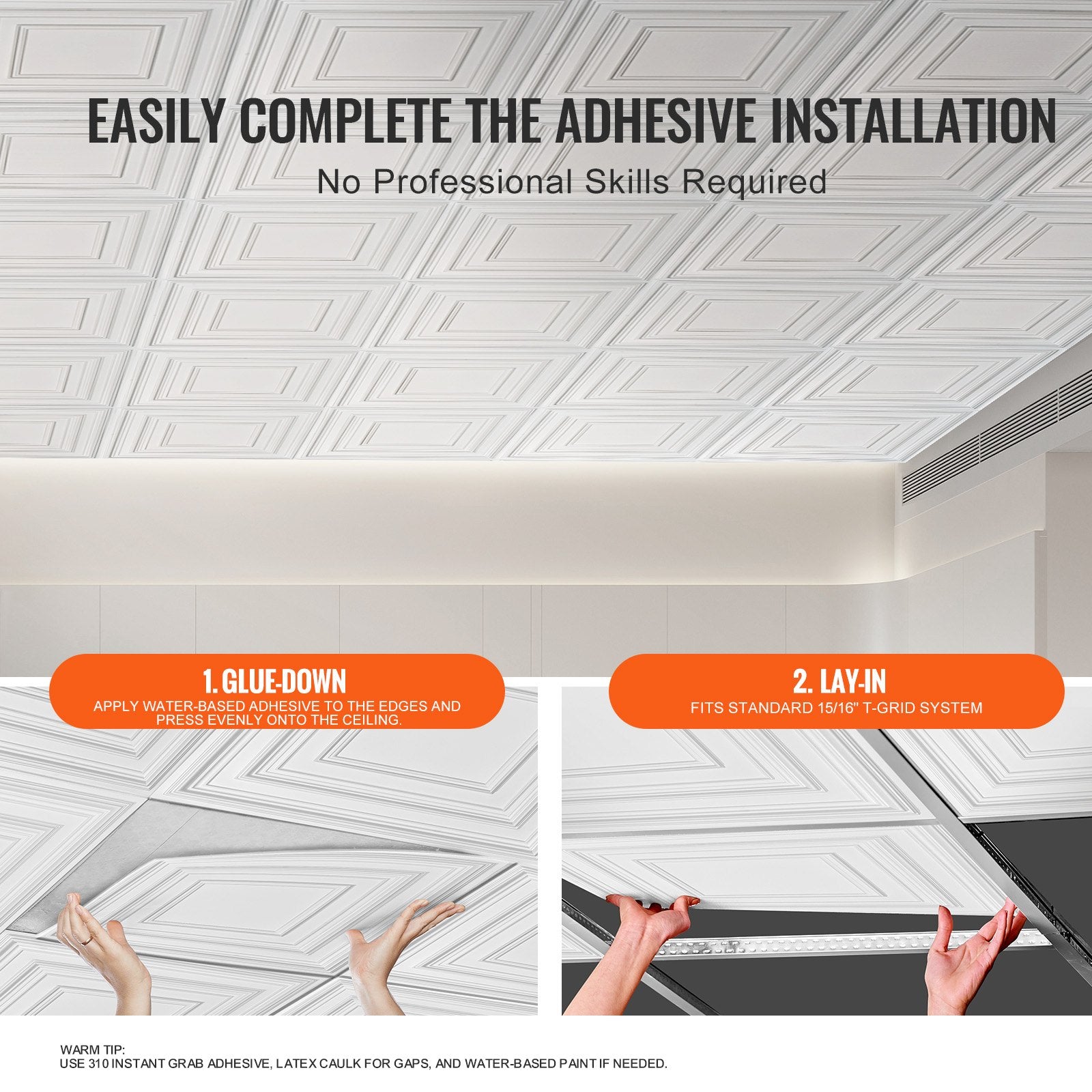 Kitchen & Bathroom DIY: VEVOR Ceiling Tiles 12-Pack 24 x 24 in PVC Easy Installation White Peg Pattern