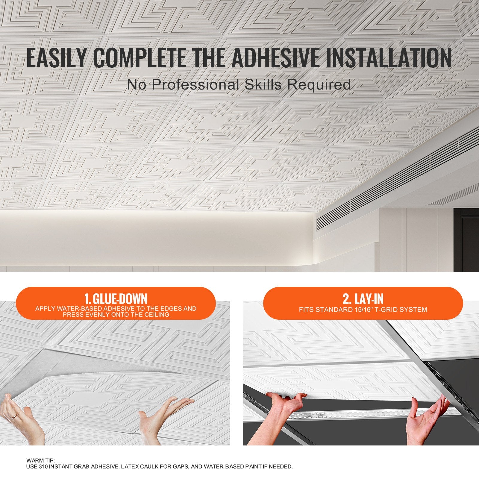 Ceiling Tiles 12-Pack 24 x 24 in PVC Easy Installation White Echo Pattern