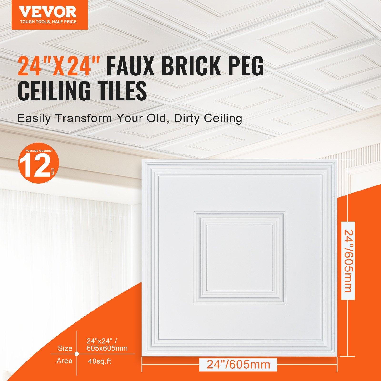 Kitchen & Bathroom DIY: VEVOR Ceiling Tiles 12-Pack 24 x 24 in PVC Easy Installation White Geometric