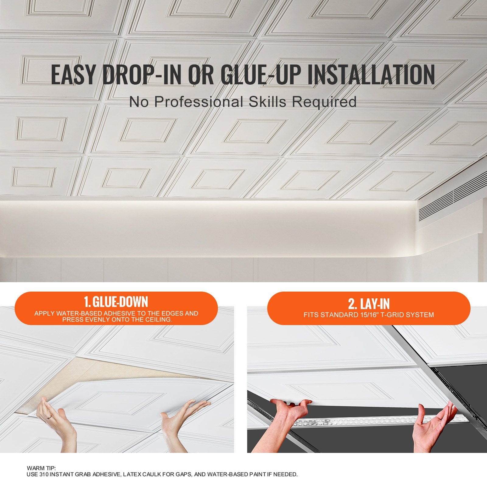 Kitchen & Bathroom DIY: VEVOR Ceiling Tiles 12-Pack 24 x 24 in PVC Easy Installation White Geometric