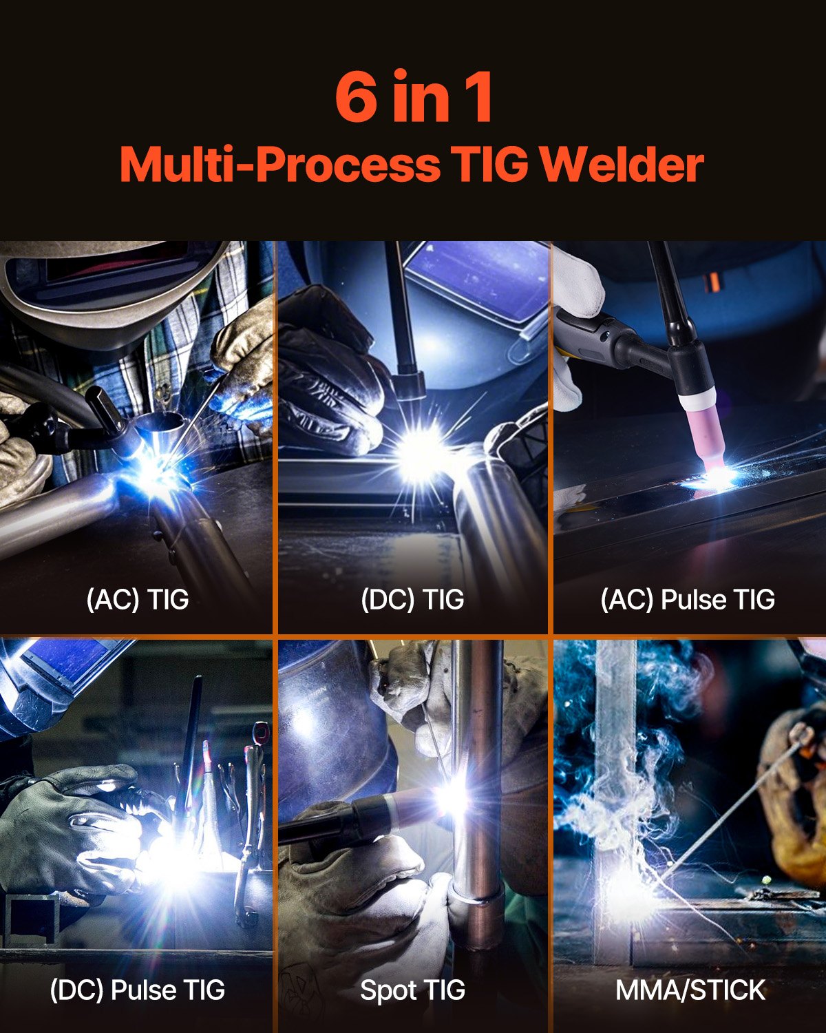 Welding Guns & Plasma Cutters: VEVOR TIG Welder, 200A 6-In-1 Aluminum Welding Machine (LED Display) - AC TIG/DC TIG/AC Pulse TIG/DC Pulse TIG/Spot TIG/MMA(Stick), Electric Welder with Synergic Control IGBT
