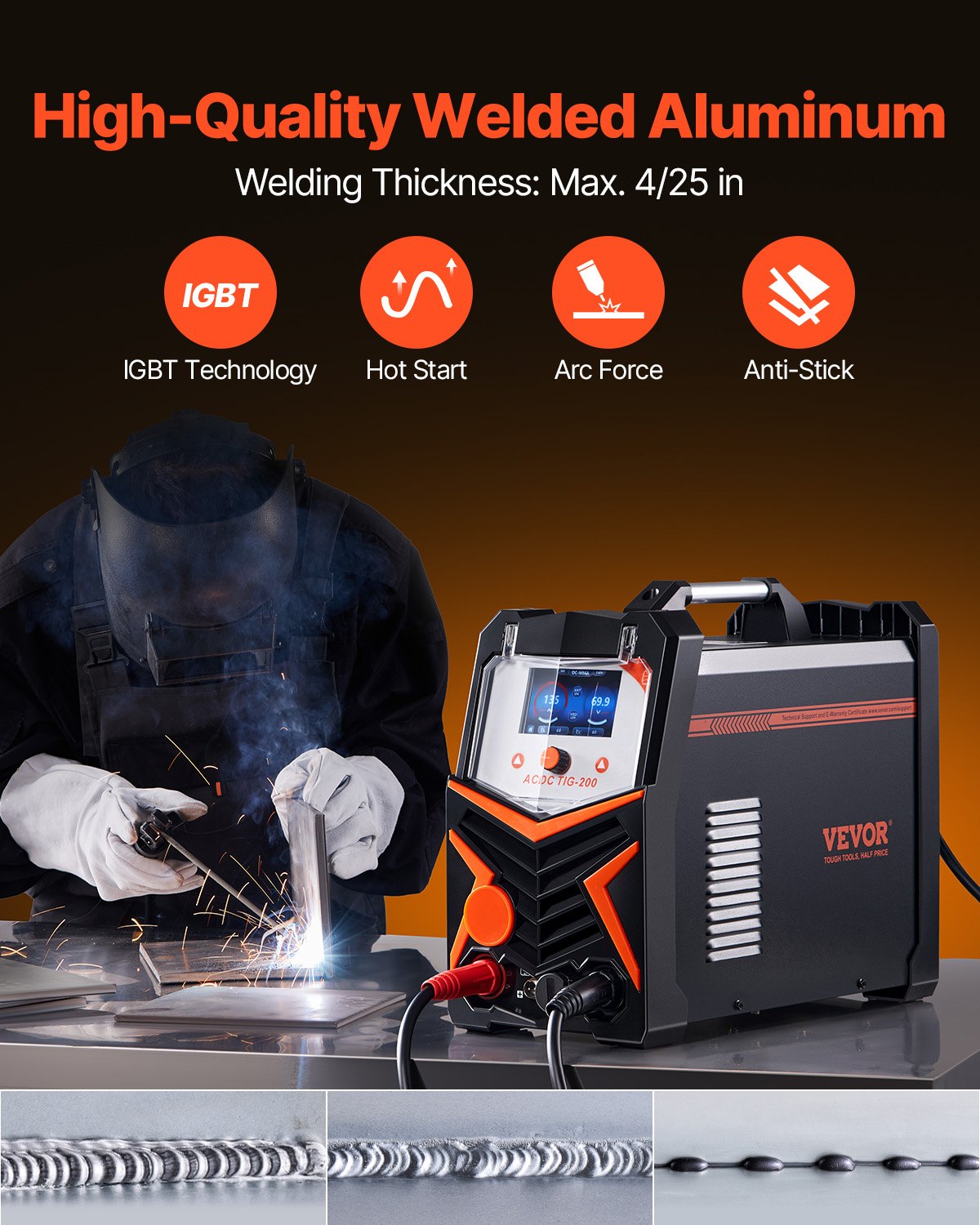 Welding Guns & Plasma Cutters: VEVOR TIG Welder, 200A 6-In-1 Aluminum Welding Machine (LED Display) - AC TIG/DC TIG/AC Pulse TIG/DC Pulse TIG/Spot TIG/MMA(Stick), Electric Welder with Synergic Control IGBT