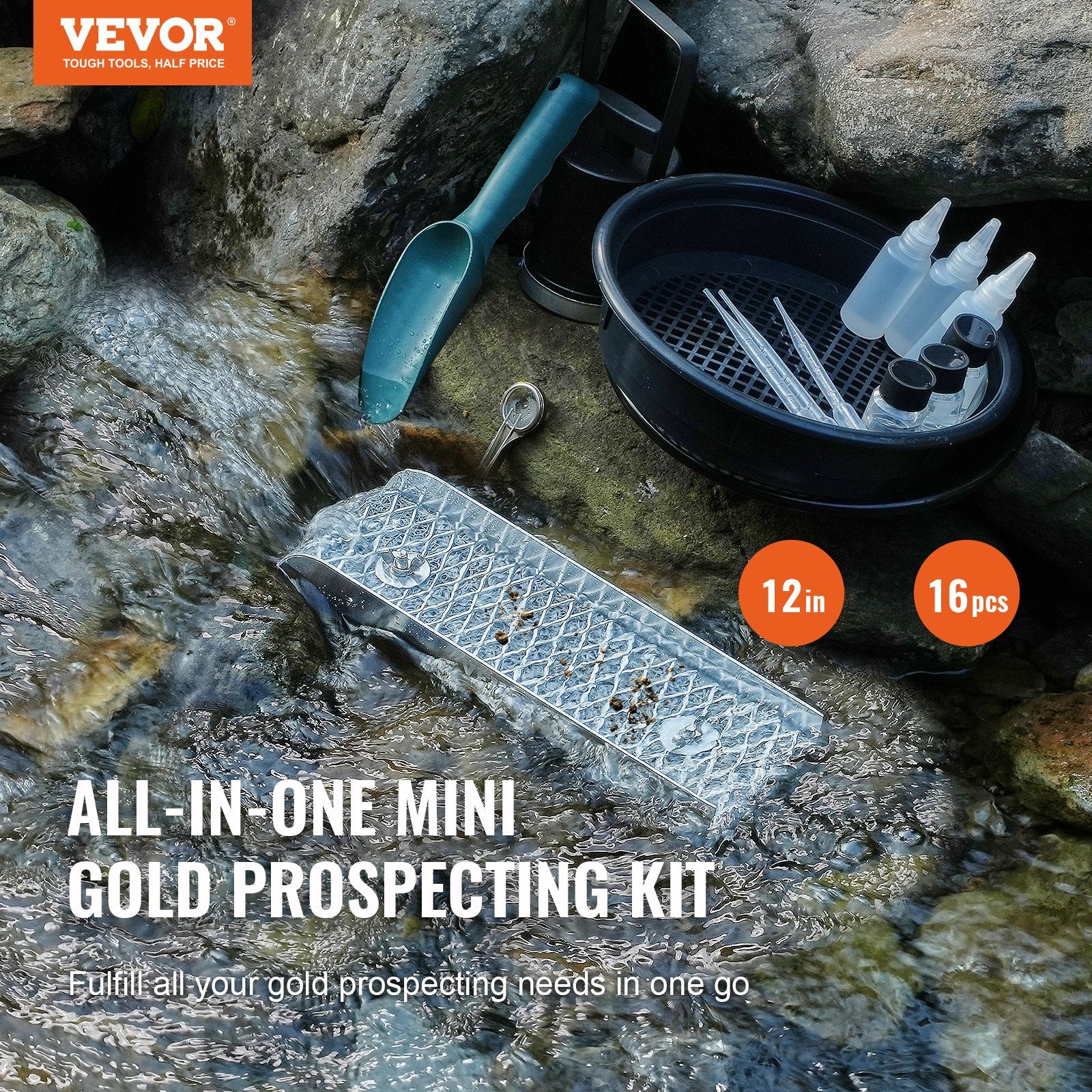 Gardening Tools: VEVOR Gold Panning Kit With Mini Sluice Box, 12" Aluminum Gold Mining Equipment, 16 PCS Gold Prospecting Kit with Gold Pan, Classifier Screen, Separating Magnet, Drawstring Backpack and Accessories