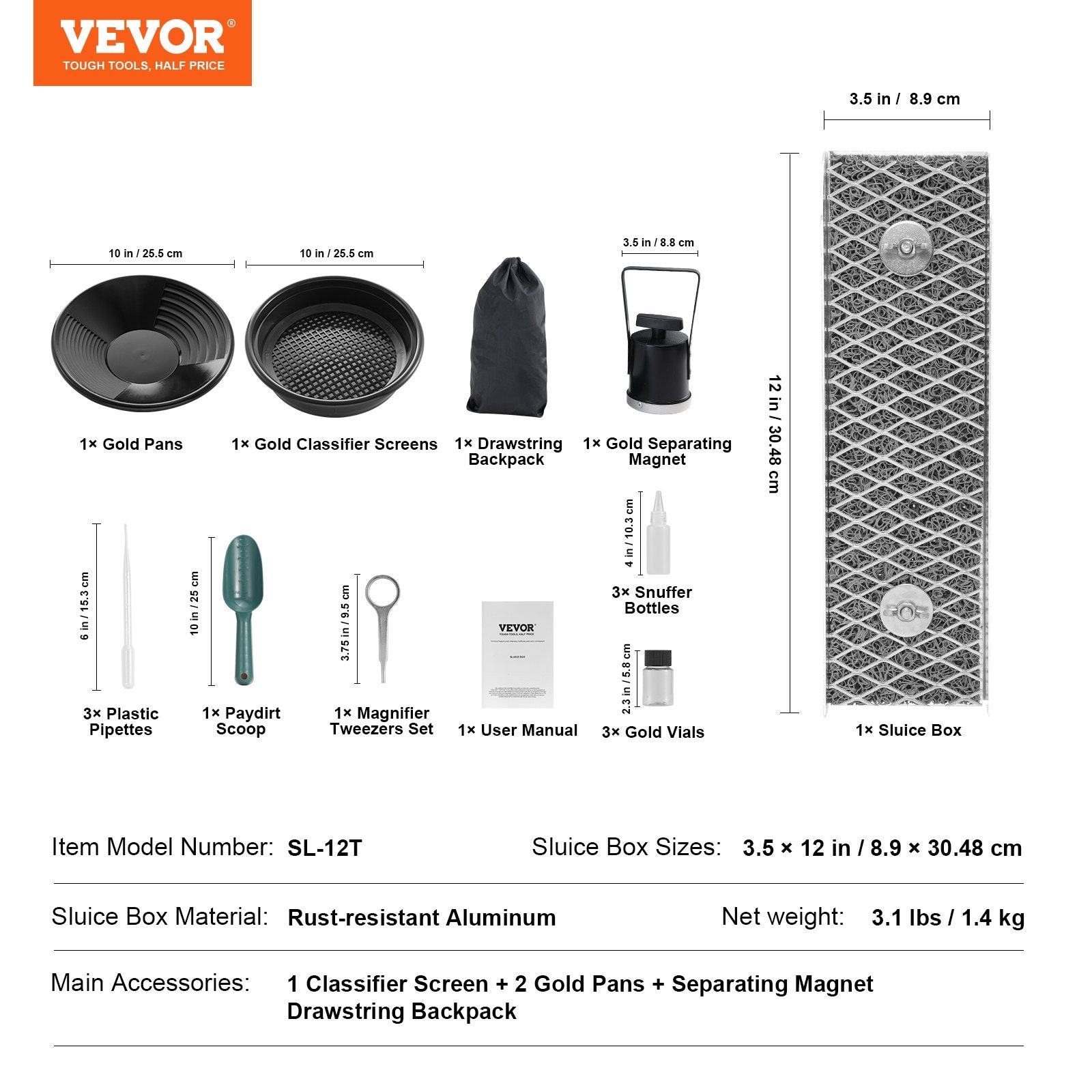 Gardening Tools: VEVOR Gold Panning Kit With Mini Sluice Box, 12" Aluminum Gold Mining Equipment, 16 PCS Gold Prospecting Kit with Gold Pan, Classifier Screen, Separating Magnet, Drawstring Backpack and Accessories
