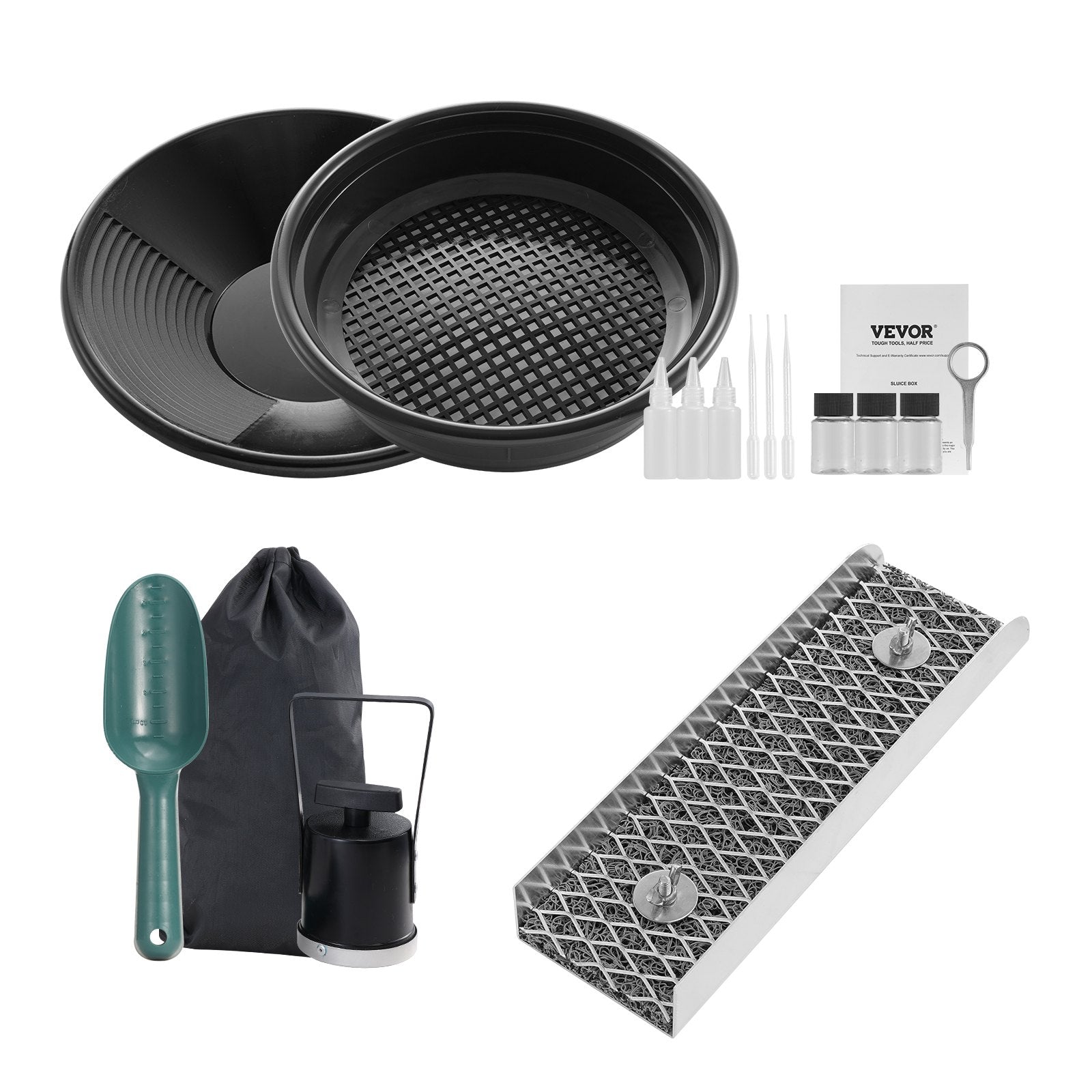 Gardening Tools: VEVOR Gold Panning Kit With Mini Sluice Box, 12" Aluminum Gold Mining Equipment, 16 PCS Gold Prospecting Kit with Gold Pan, Classifier Screen, Separating Magnet, Drawstring Backpack and Accessories