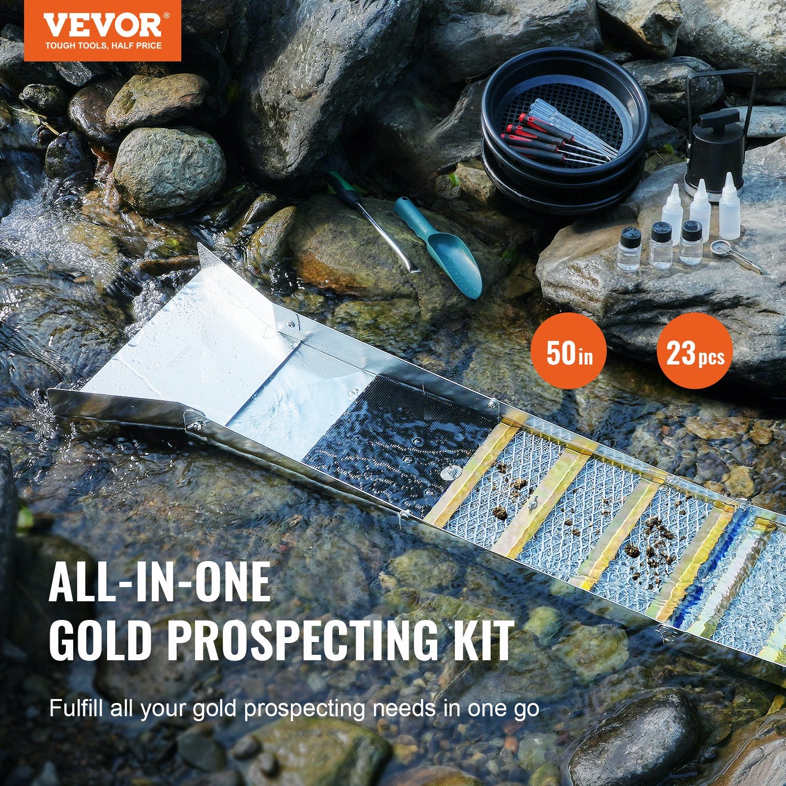 Gardening Tools: VEVOR Gold Panning Kit With Sluice Box, 50" Aluminum Gold Mining Equipment, 23 PCS Gold Prospecting Kit with Gold Pan, Classifier Screen, Separating Magnet, Drawstring Backpack and Accessories
