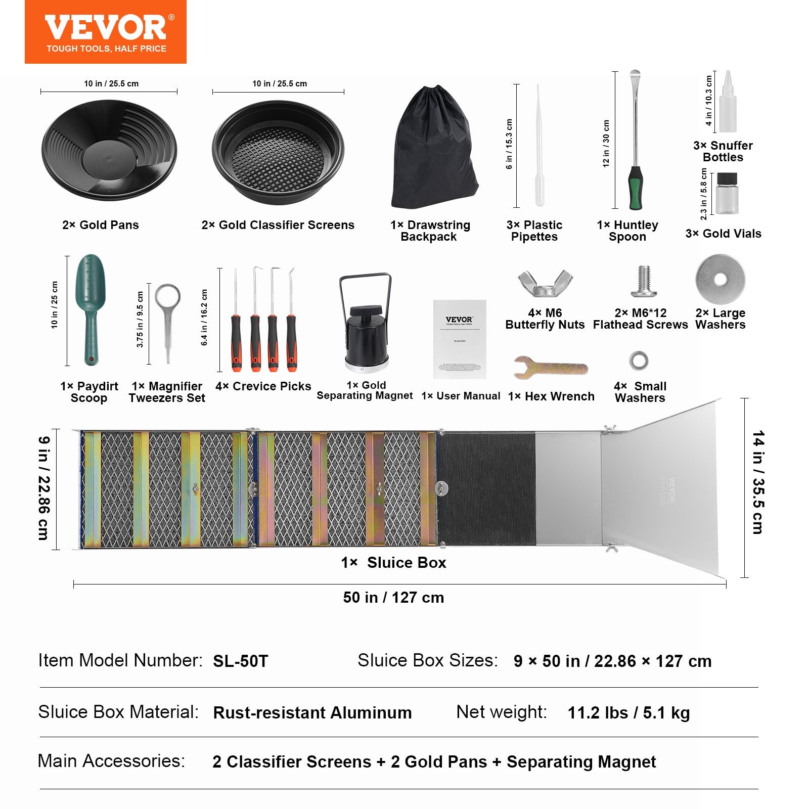 Gardening Tools: VEVOR Gold Panning Kit With Sluice Box, 50" Aluminum Gold Mining Equipment, 23 PCS Gold Prospecting Kit with Gold Pan, Classifier Screen, Separating Magnet, Drawstring Backpack and Accessories