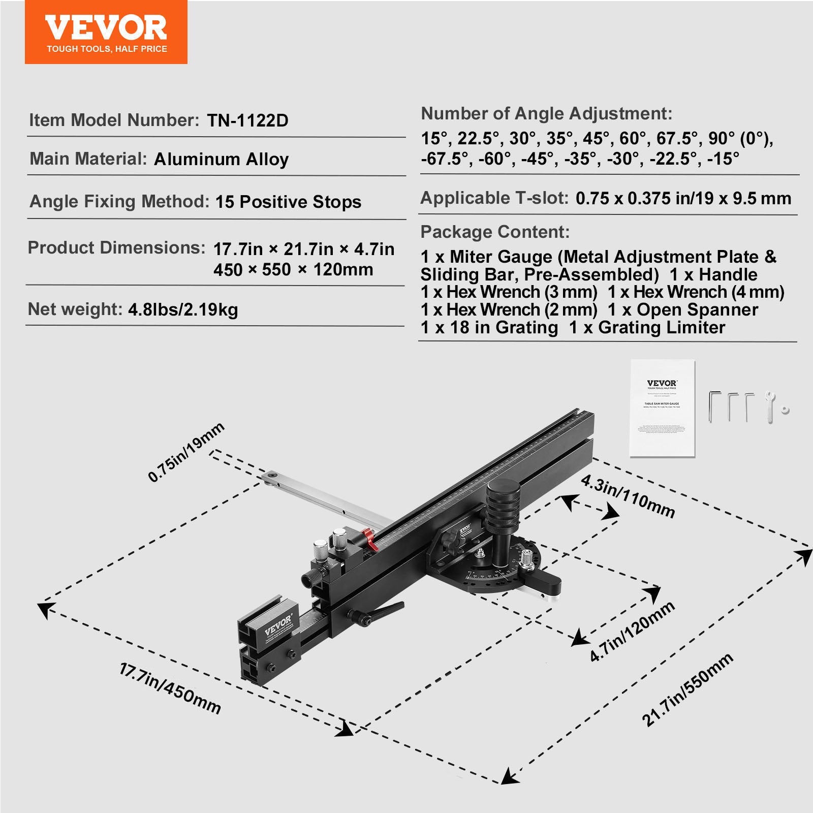 Precision Miter Gauge, Standard Slot 3/4'' x 3/8'', Aluminum Alloy Table Saw Miter Gauge with 19-35 in Grating 15 Angle Stops Adjustable Spring Loaded Plunger and Removable Disc, for Woodworking