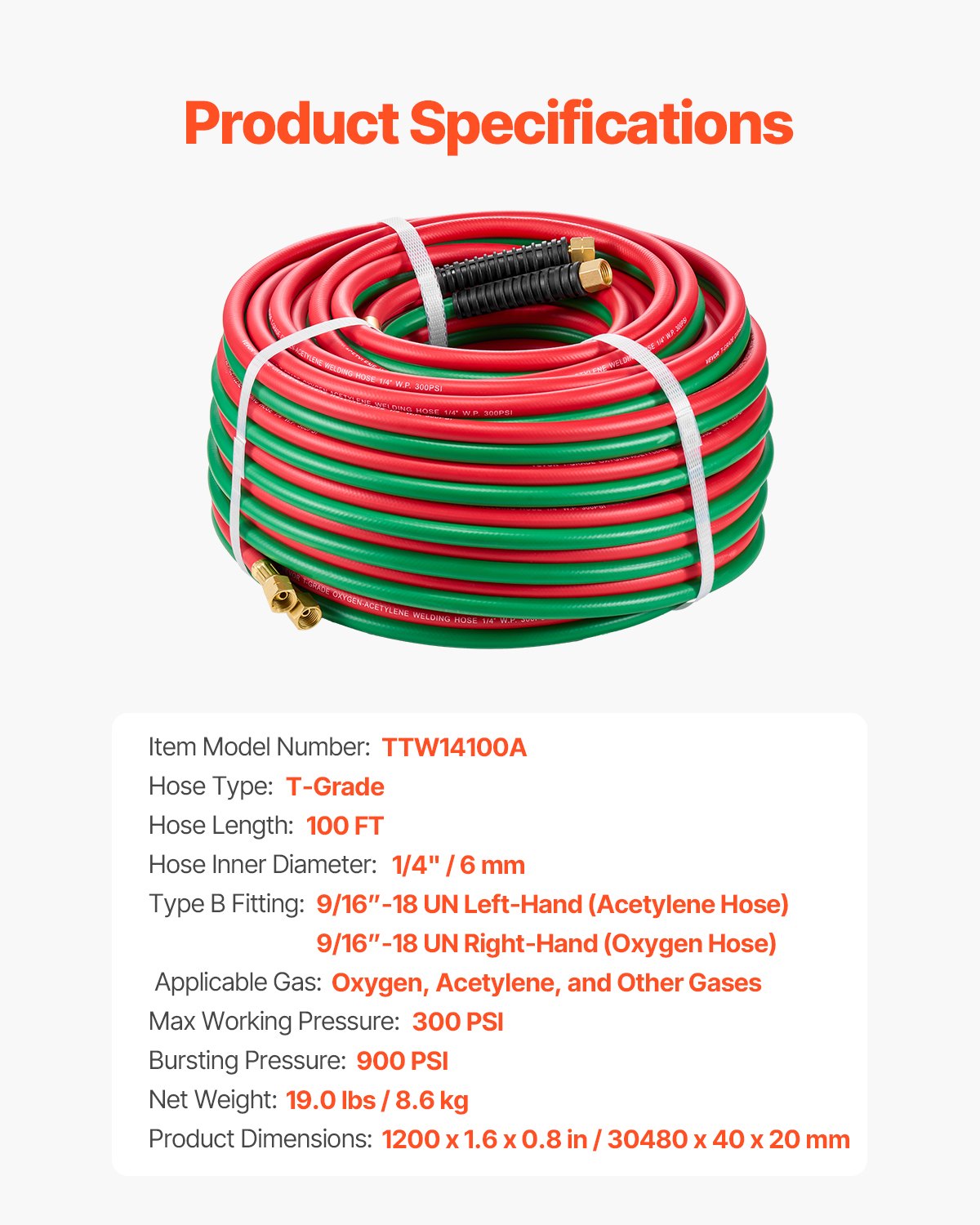 Air Compressors Accessories: Oxygen Acetylene Hose 1/4-Inch x 100FT T Grade Hose 300PSI Max Working Pressure