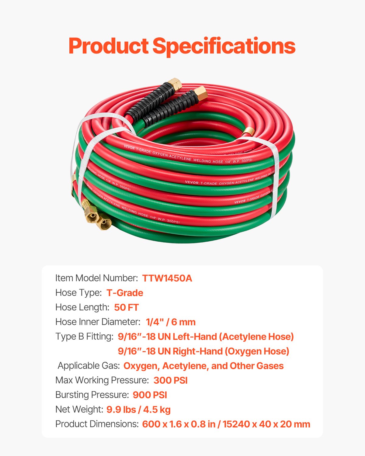 Garden Hoses: Oxygen Acetylene Hose 1/4-Inch x 50FT T Grade Hose 300PSI Max Working Pressure