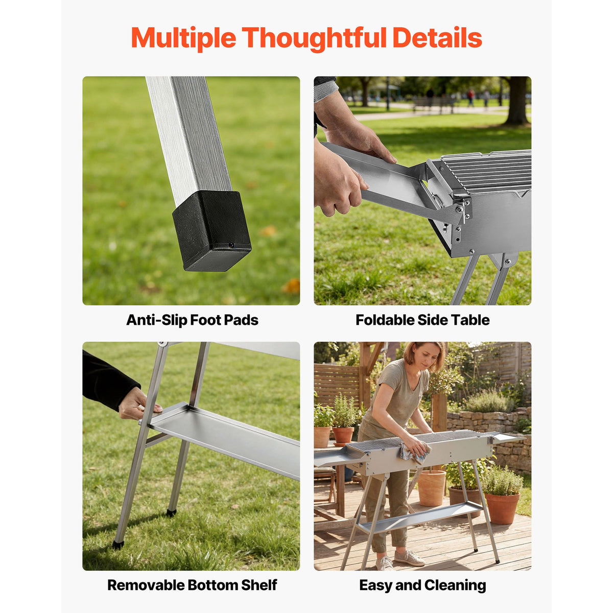 Foldable Charcoal Grill, 0.16 m² Portable Charcoal Barbecue Grill with Liftable Charcoal Tray & Side Tables, Brushed Stainless Steel BBQ Cooking Grills for Outdoor Camping Backyard Parties