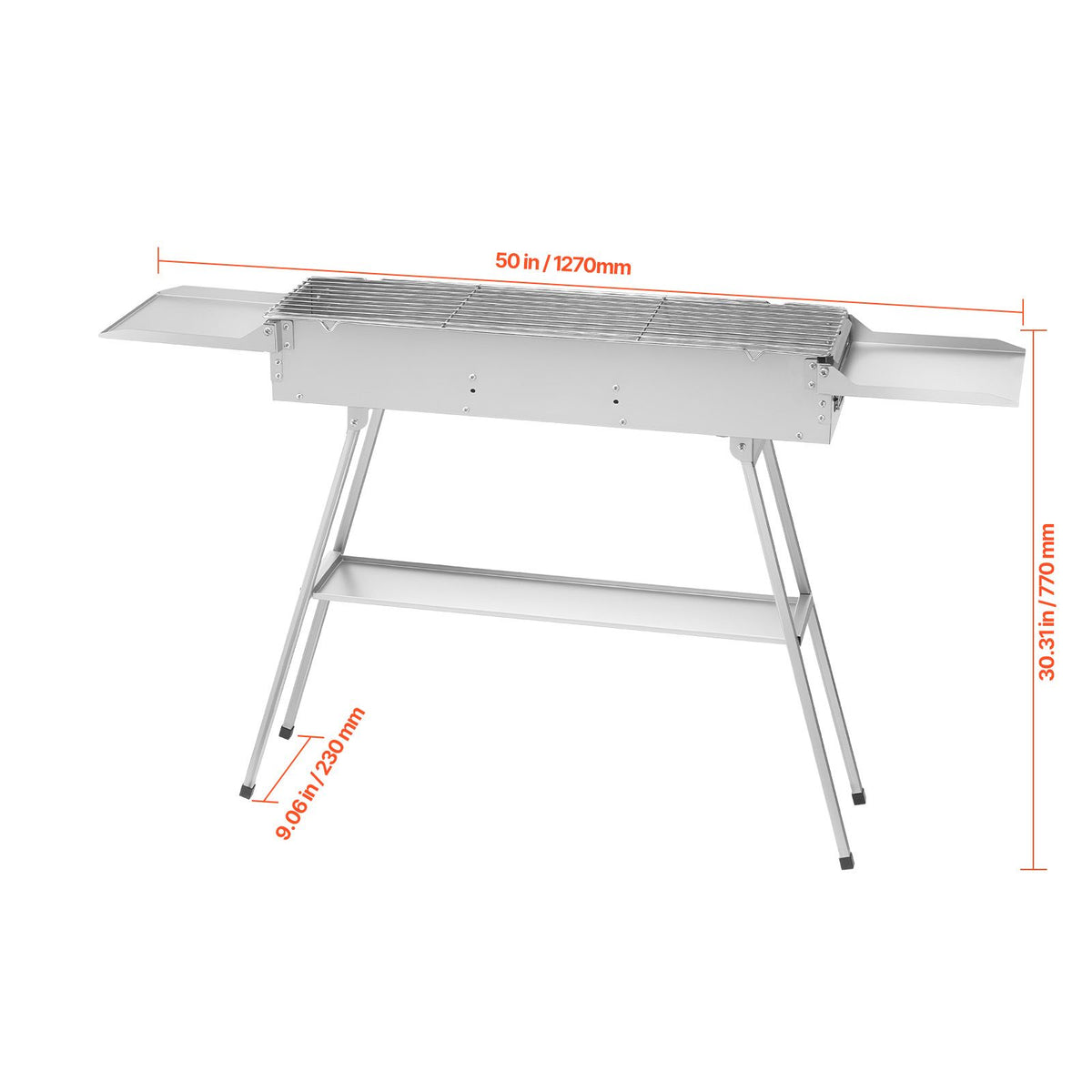 Foldable Charcoal Grill, 0.16 m² Portable Charcoal Barbecue Grill with Liftable Charcoal Tray & Side Tables, Brushed Stainless Steel BBQ Cooking Grills for Outdoor Camping Backyard Parties