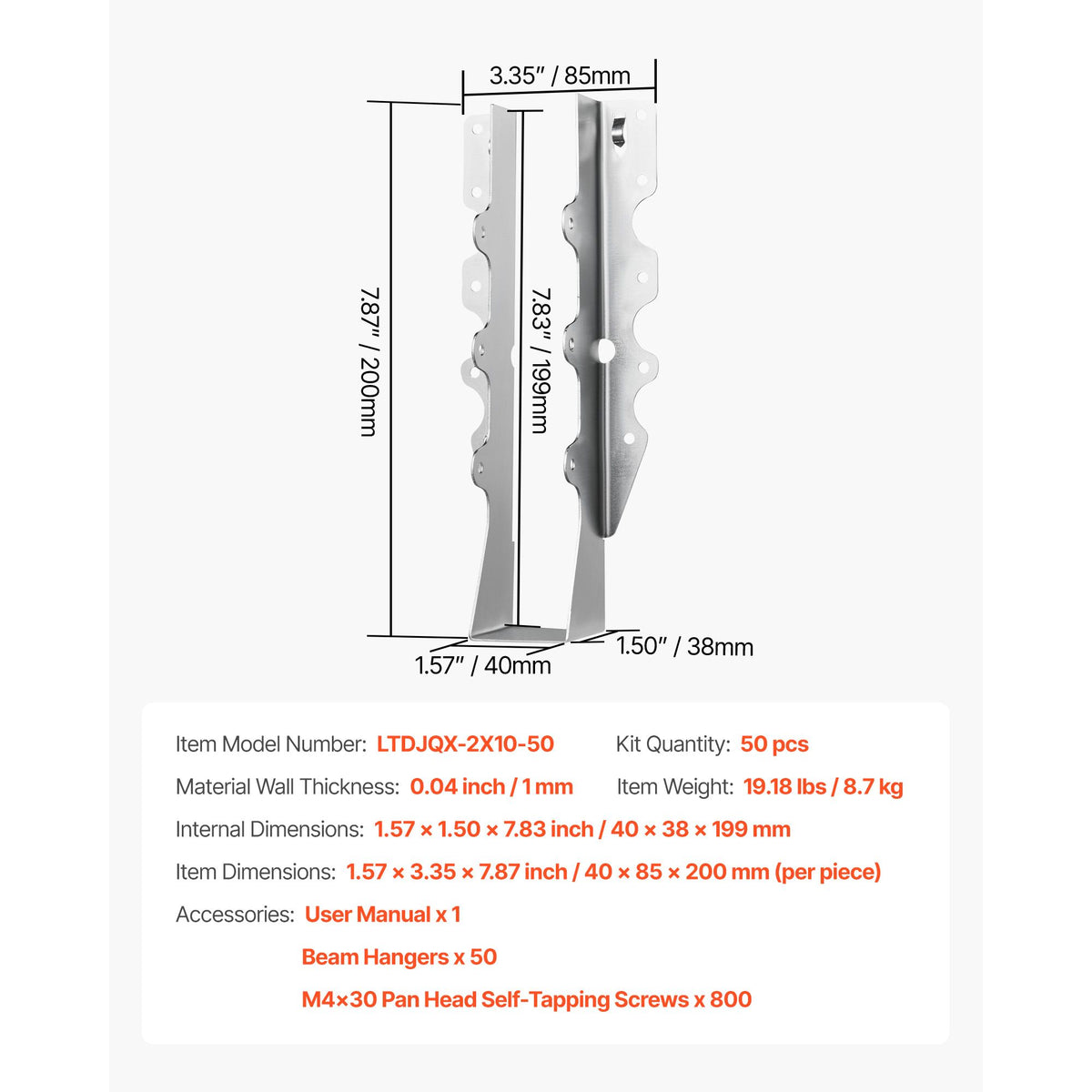 50 Pcs Joist Hanger, Inner Dimensions 1.57 x 1.50 x 7.83 inch / 40 x 38 x 199 mm, Rafter Hurricane Ties Joist Hangers with Rustproof Coating, Tie Brackets for Floor Deck and Ceiling Trusses