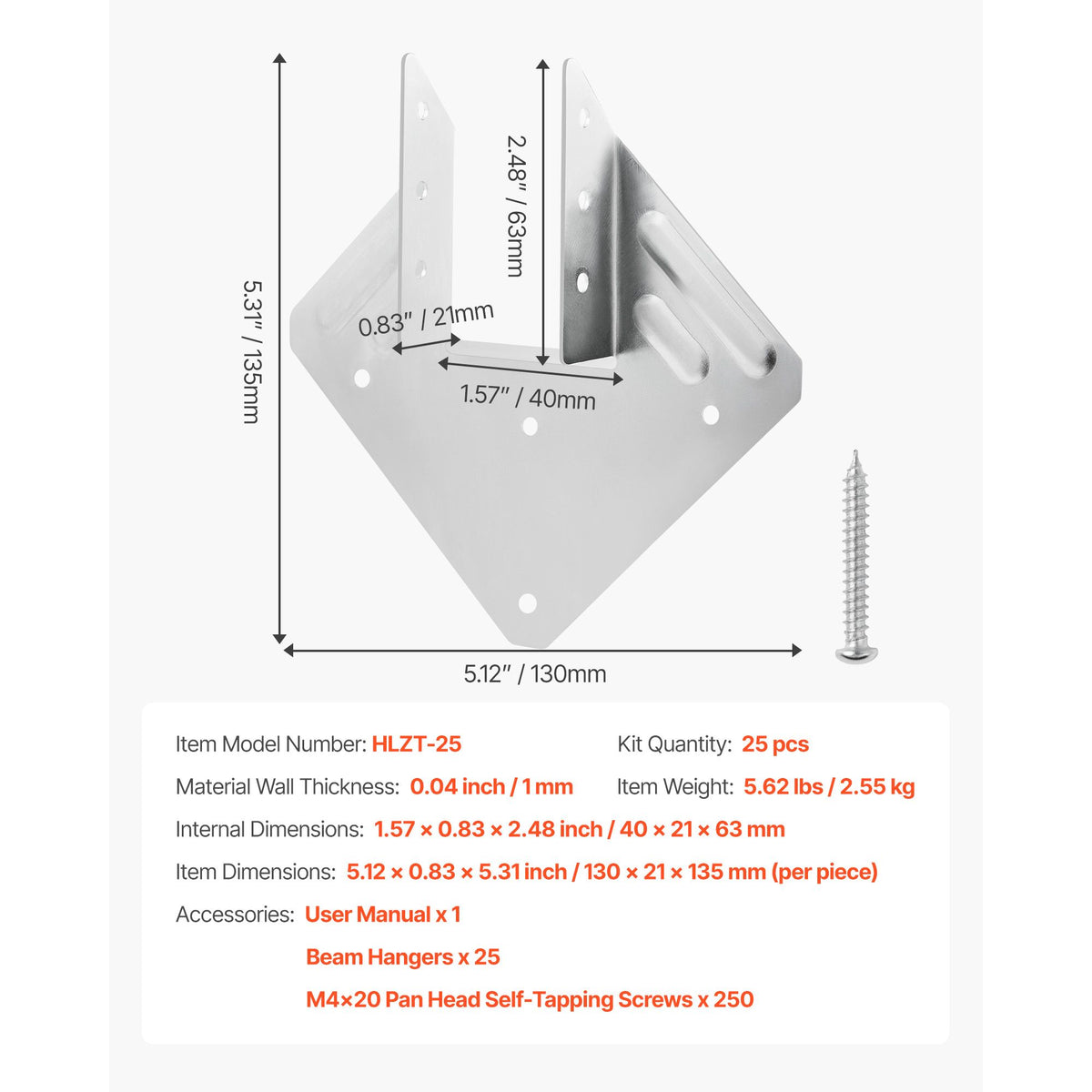 Hurricane Ties for Rafter, Inner Size 5.31x1.57x2.48 in / 135x40x63 mm, Heavy Duty Hurricane Straps, Heavy Duty Rafter Ties Brackets Joist Hangers for Roof Beam Wooden Construction, 25 Pcs