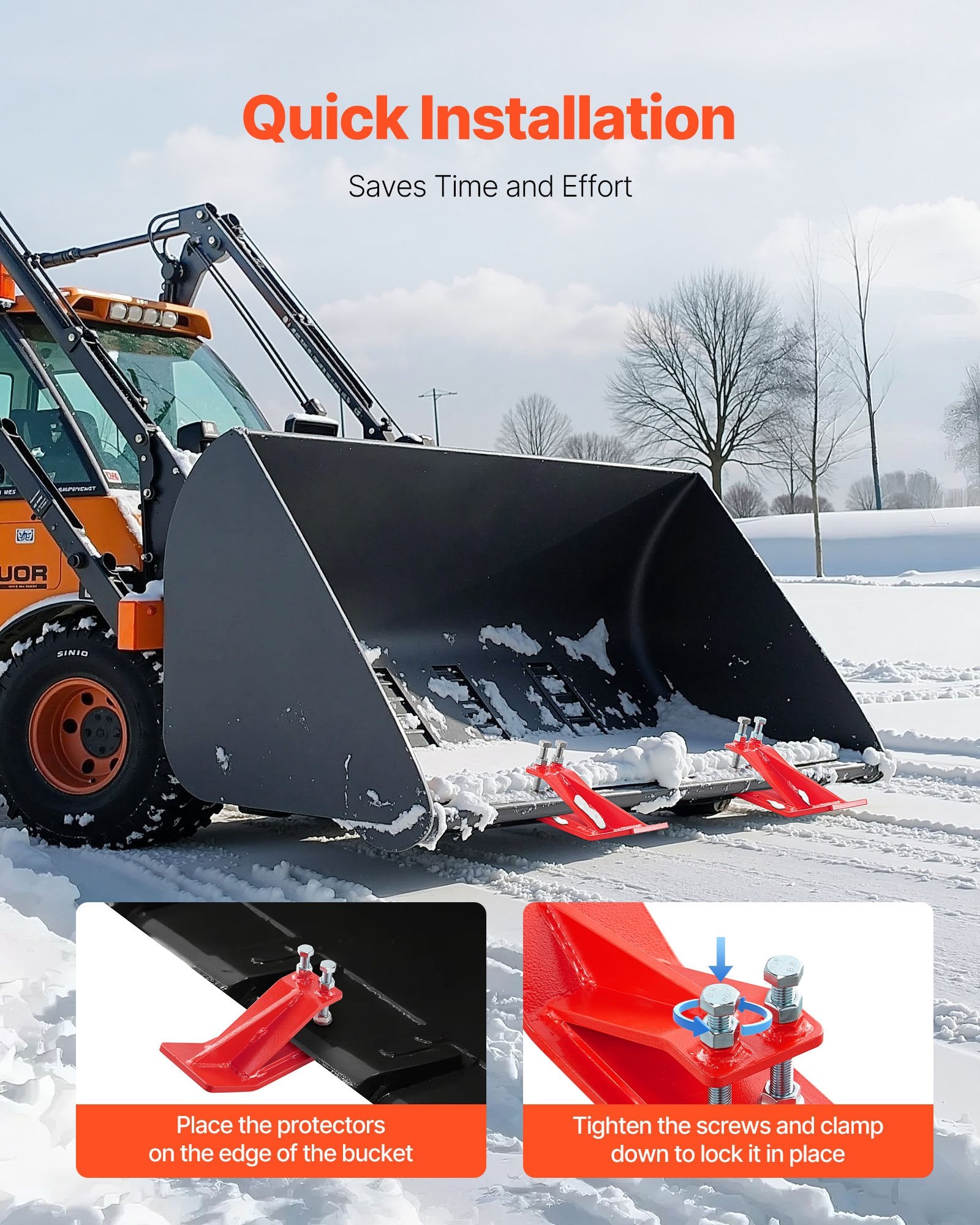 Tractor Bucket Protector, 2PCS Heavy Duty Steel Bucket Edge Protectors, Edge Tamer Anti-Skid Device with Double Hexagon Lock Nuts and Bolts, for Snow, Leave Removal & Spreading Gravel (Red)