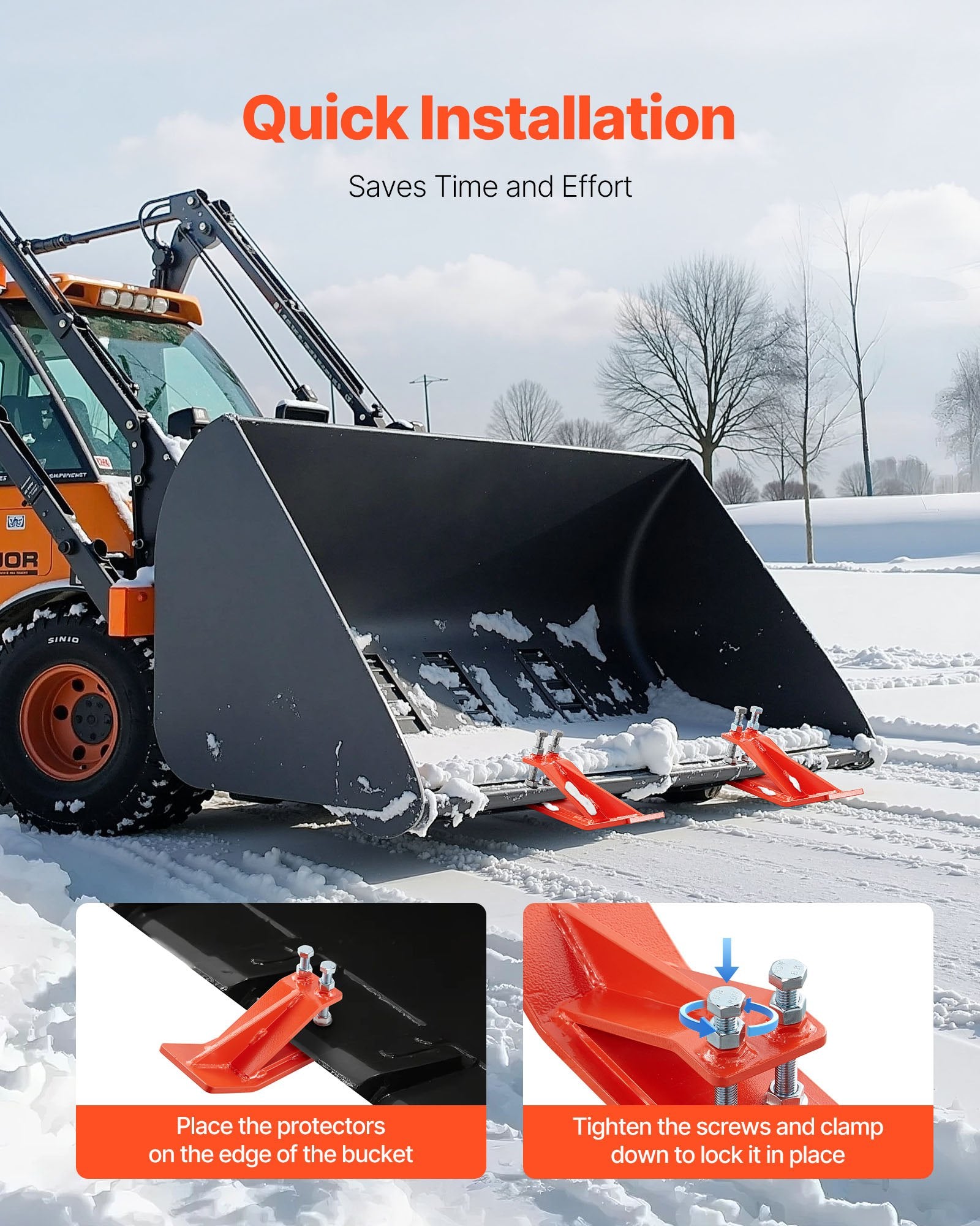 Tractor Bucket Protector, 2PCS Heavy Duty Steel Bucket Edge Protectors, Edge Tamer Anti-Skid Device with Double Hexagon Lock Nuts and Bolts, for Snow, Leave Removal & Spreading Gravel (Orange)