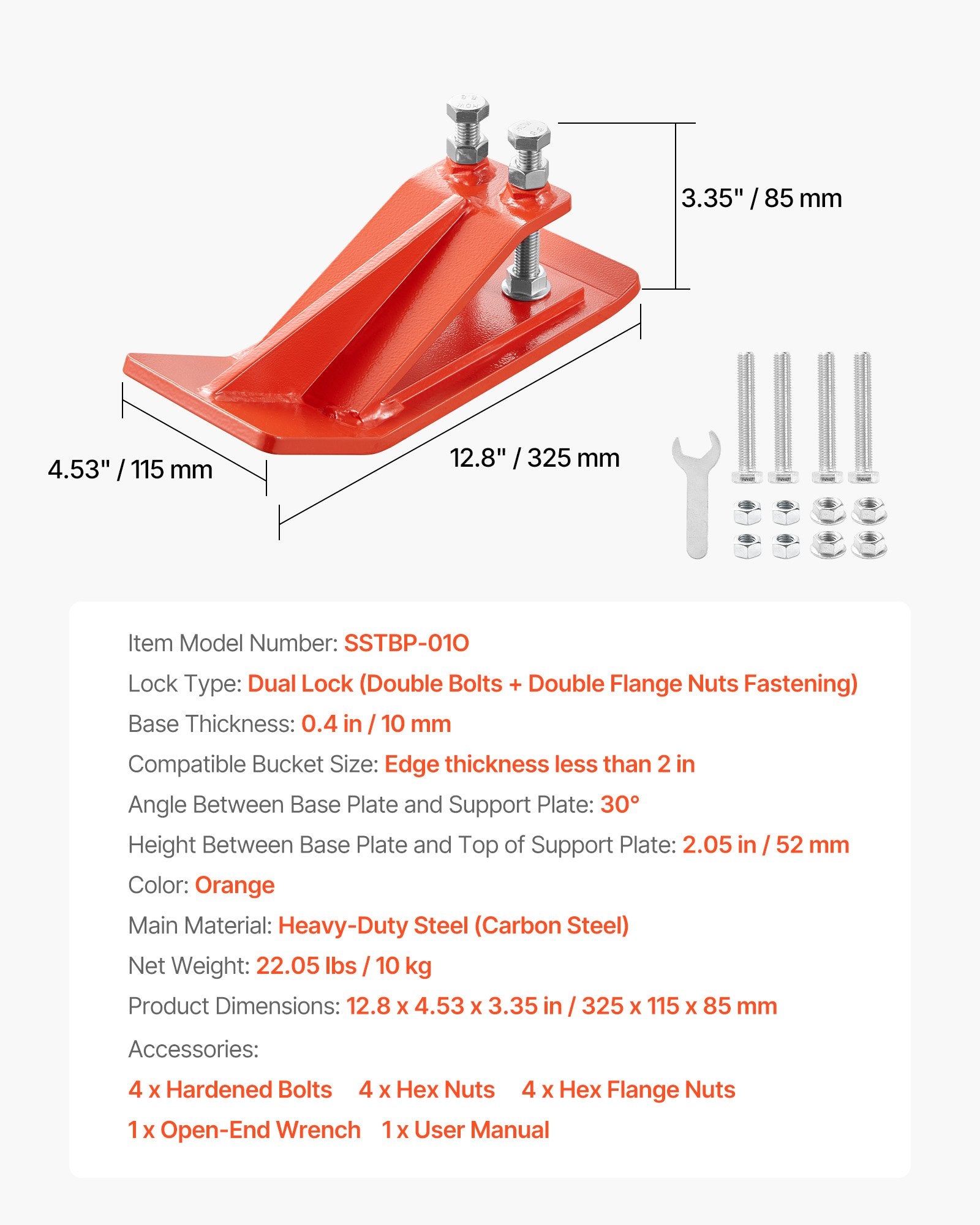 Tractor Bucket Protector, 2PCS Heavy Duty Steel Bucket Edge Protectors, Edge Tamer Anti-Skid Device with Double Hexagon Lock Nuts and Bolts, for Snow, Leave Removal & Spreading Gravel (Orange)