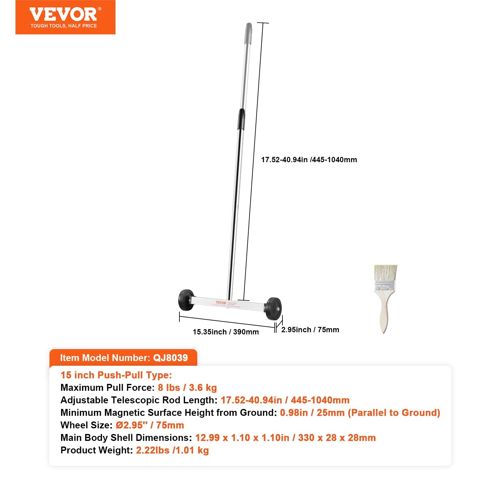 Saw Accessories: VEVOR Magnetic Sweeper with Wheels, 15inch Mini Magnetic Sweeper, 8 lbs Capacity, Adjustable Handle, Lightweight Magnetic Pickup Sweeper to Pick Up Nails and Screws, Easy Cleanup of Workshop Garage