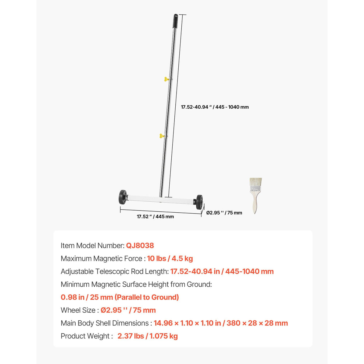 Magnetic Sweeper with Wheels, 43 cm, 4.5 kg Load Capacity, Lightweight Magnetic Pickup Sweeper with Adjustable Handle, Pick Up Nails and Screws, Easy Cleanup for Garages, Roofing Projects