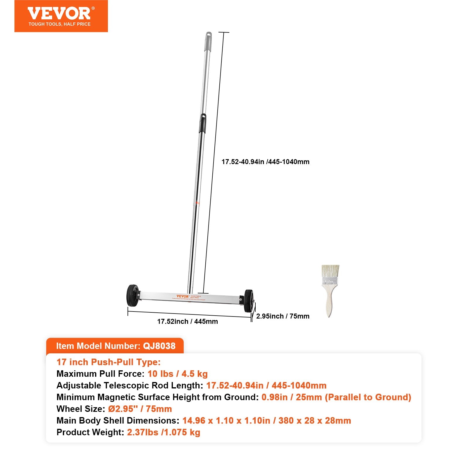 Saw Accessories: VEVOR Magnetic Sweeper with Wheels, 17inch Mini Magnetic Sweeper, 10 lbs Capacity, Adjustable Handle, Lightweight Magnetic Pickup Sweeper to Pick Up Nails and Screws, Easy Cleanup of Workshop Garage