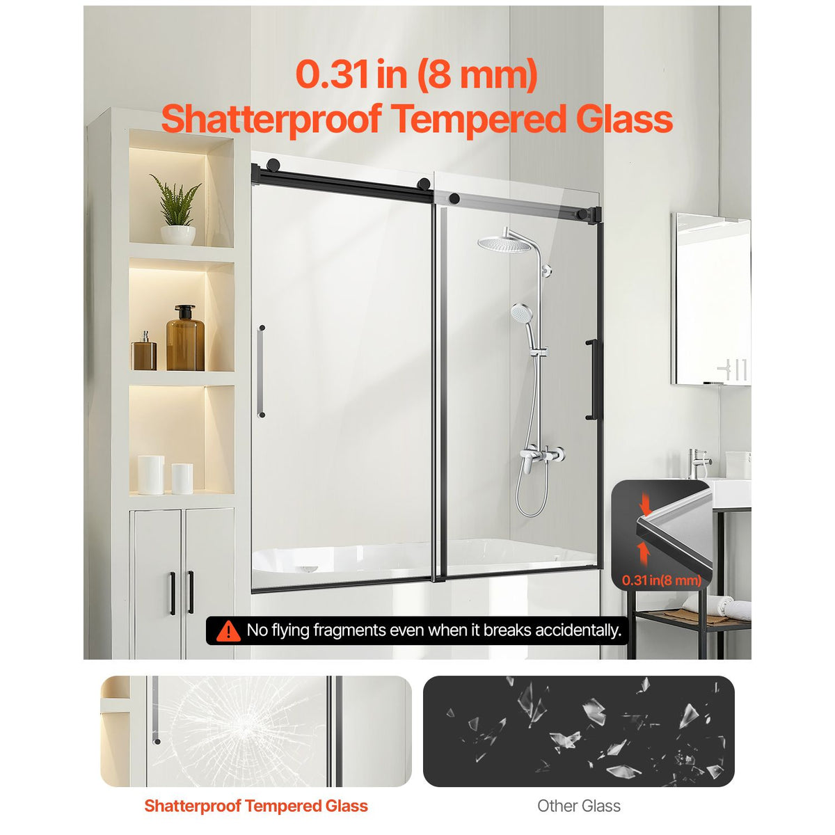 Frameless Sliding Bathtub Door, 1422-1524 mm x 1524 mm, Frameless Shower Glass Door, Frameless Double Sliding Tub Door with 5/16 in Clear Tempered Glass and Stainless Steel Handle, Black Finish