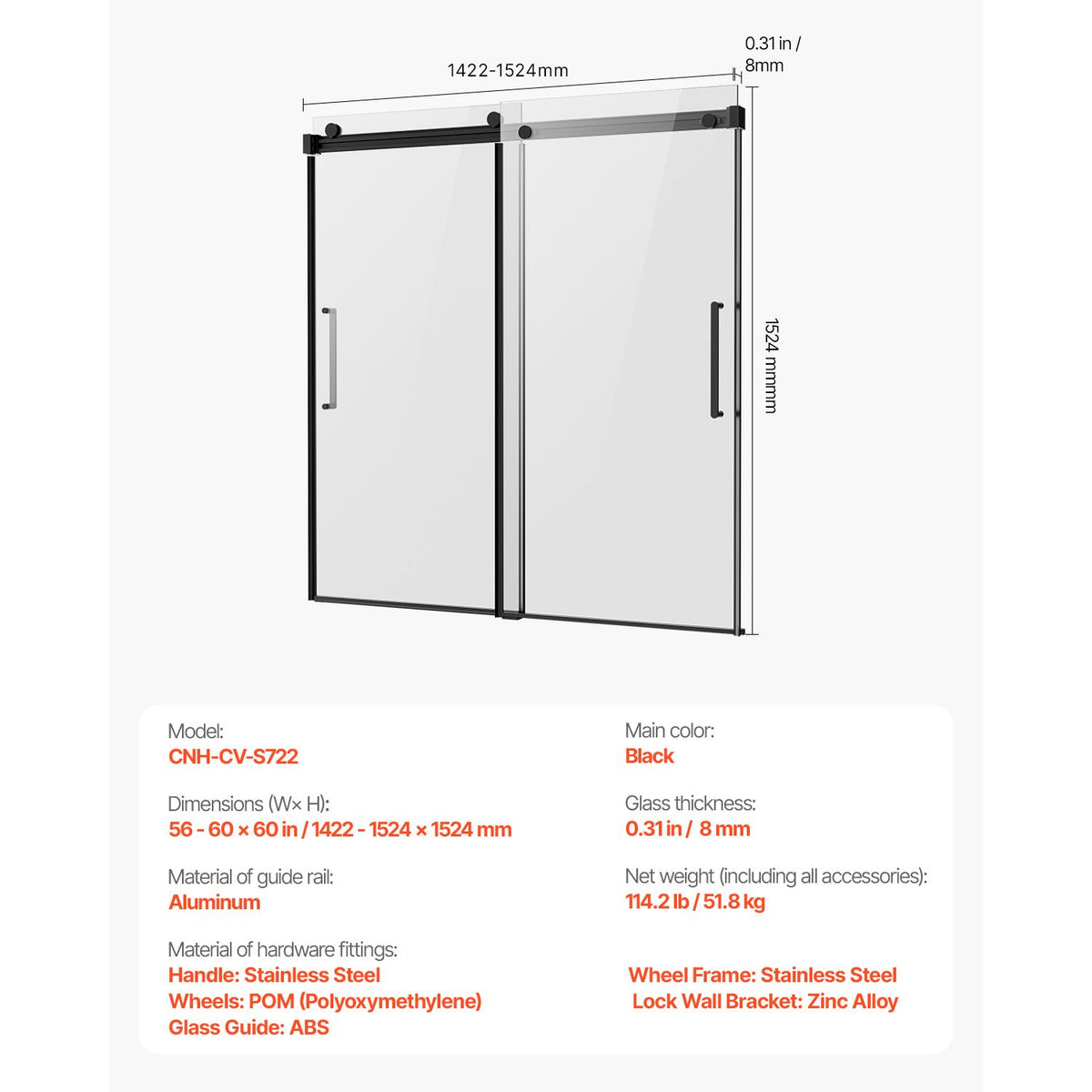 Frameless Sliding Bathtub Door, 1422-1524 mm x 1524 mm, Frameless Shower Glass Door, Frameless Double Sliding Tub Door with 5/16 in Clear Tempered Glass and Stainless Steel Handle, Black Finish
