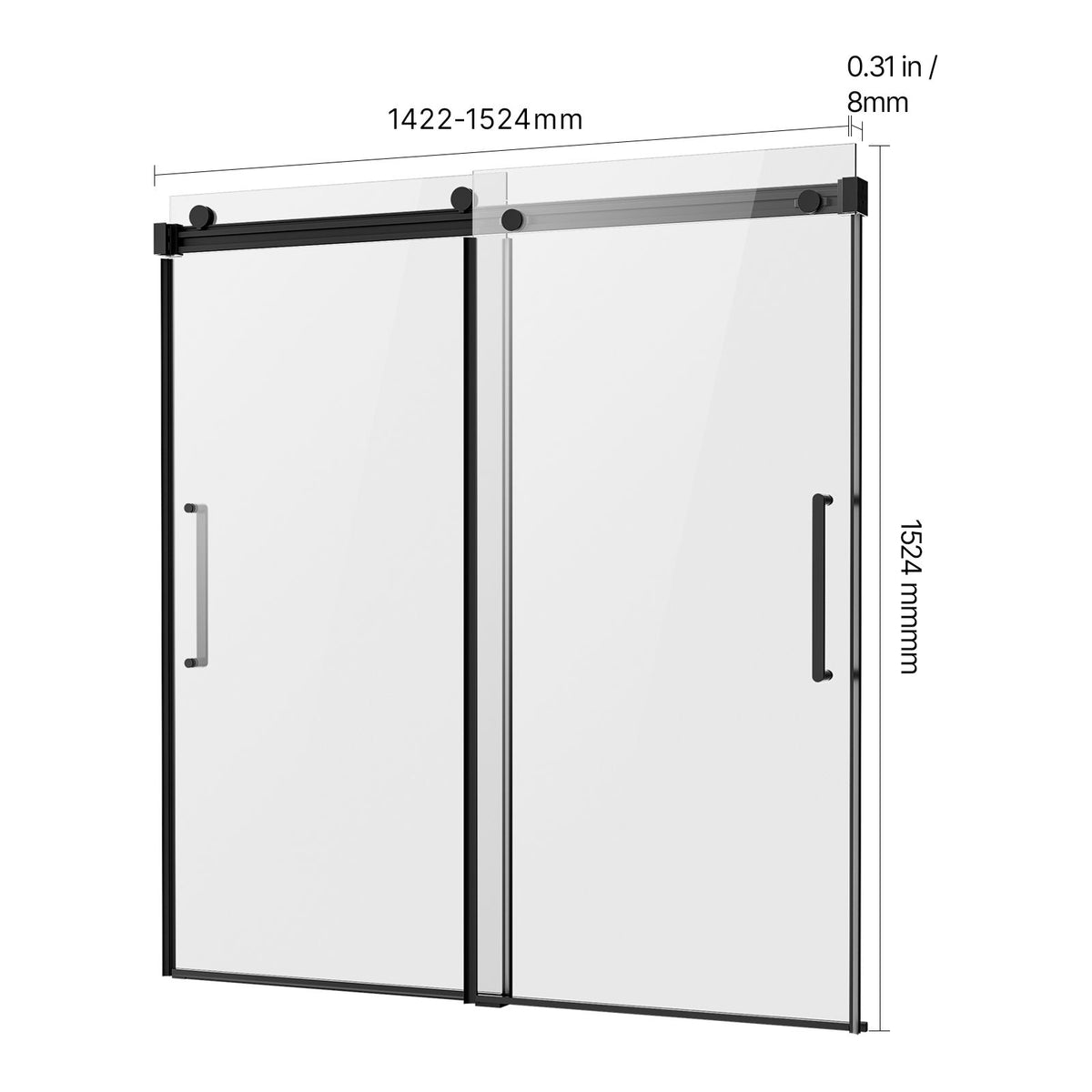 Frameless Sliding Bathtub Door, 1422-1524 mm x 1524 mm, Frameless Shower Glass Door, Frameless Double Sliding Tub Door with 5/16 in Clear Tempered Glass and Stainless Steel Handle, Black Finish