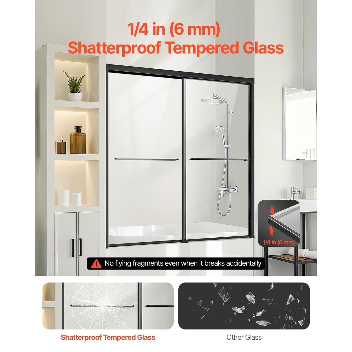 Bathtub Shower Door, 1422-1524 mm x 1524 mm, Semi-Frameless Double Sliding Tub Door, Semi-Frameless Bypass Tub Door with 1/4 in Shatterproof Tempered Glass and Stainless Steel Handle, Black