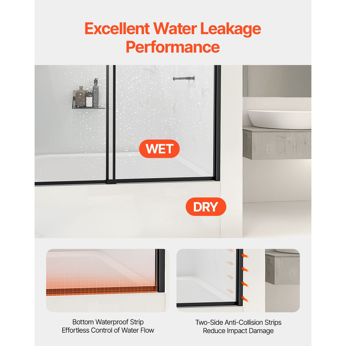 Bathtub Shower Door, 1422-1524 mm x 1524 mm, Semi-Frameless Double Sliding Tub Door, Semi-Frameless Bypass Tub Door with 1/4 in Shatterproof Tempered Glass and Stainless Steel Handle, Black