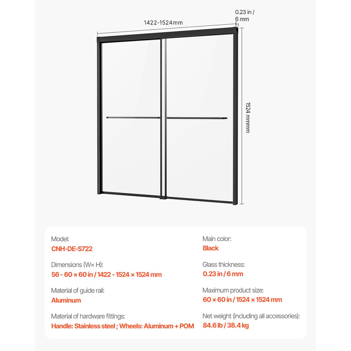 Bathtub Shower Door, 1422-1524 mm x 1524 mm, Semi-Frameless Double Sliding Tub Door, Semi-Frameless Bypass Tub Door with 1/4 in Shatterproof Tempered Glass and Stainless Steel Handle, Black