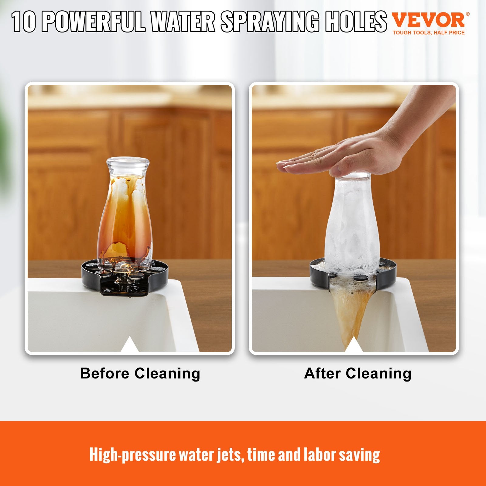 Kitchen Utensils: VEVOR Glass Rinser, 10 Powerful Spraying Jets Rotating Cup Rinser for Sink, 304 Stainless Steel Faucet Cup Washer & Silicone Nonslip Pad for Baby Bottle, Glass Cup, Wine Glass (Matte Black Base)