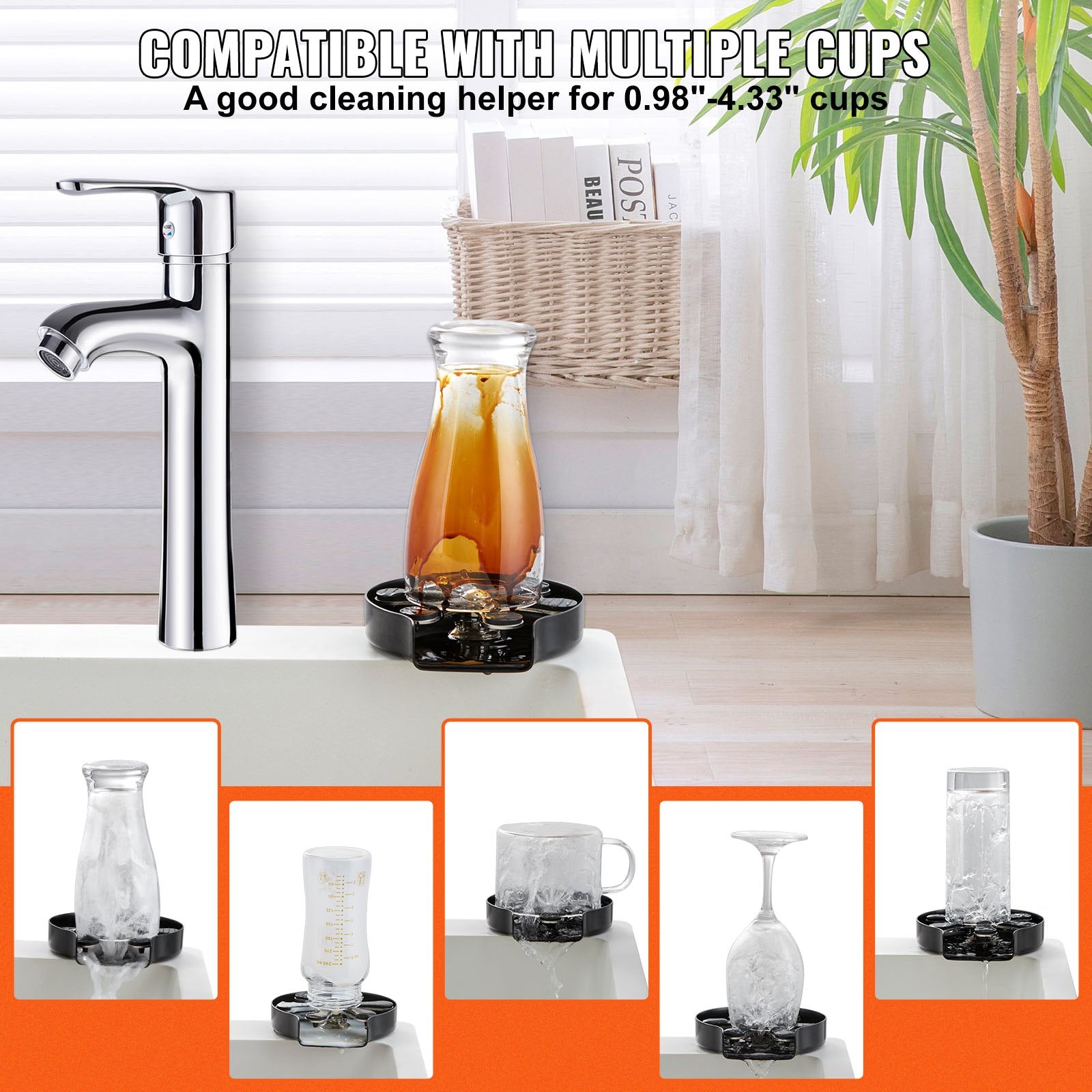 Kitchen Utensils: VEVOR Glass Rinser, 10 Powerful Spraying Jets Rotating Cup Rinser for Sink, 304 Stainless Steel Faucet Cup Washer & Silicone Nonslip Pad for Baby Bottle, Glass Cup, Wine Glass (Matte Black Base)