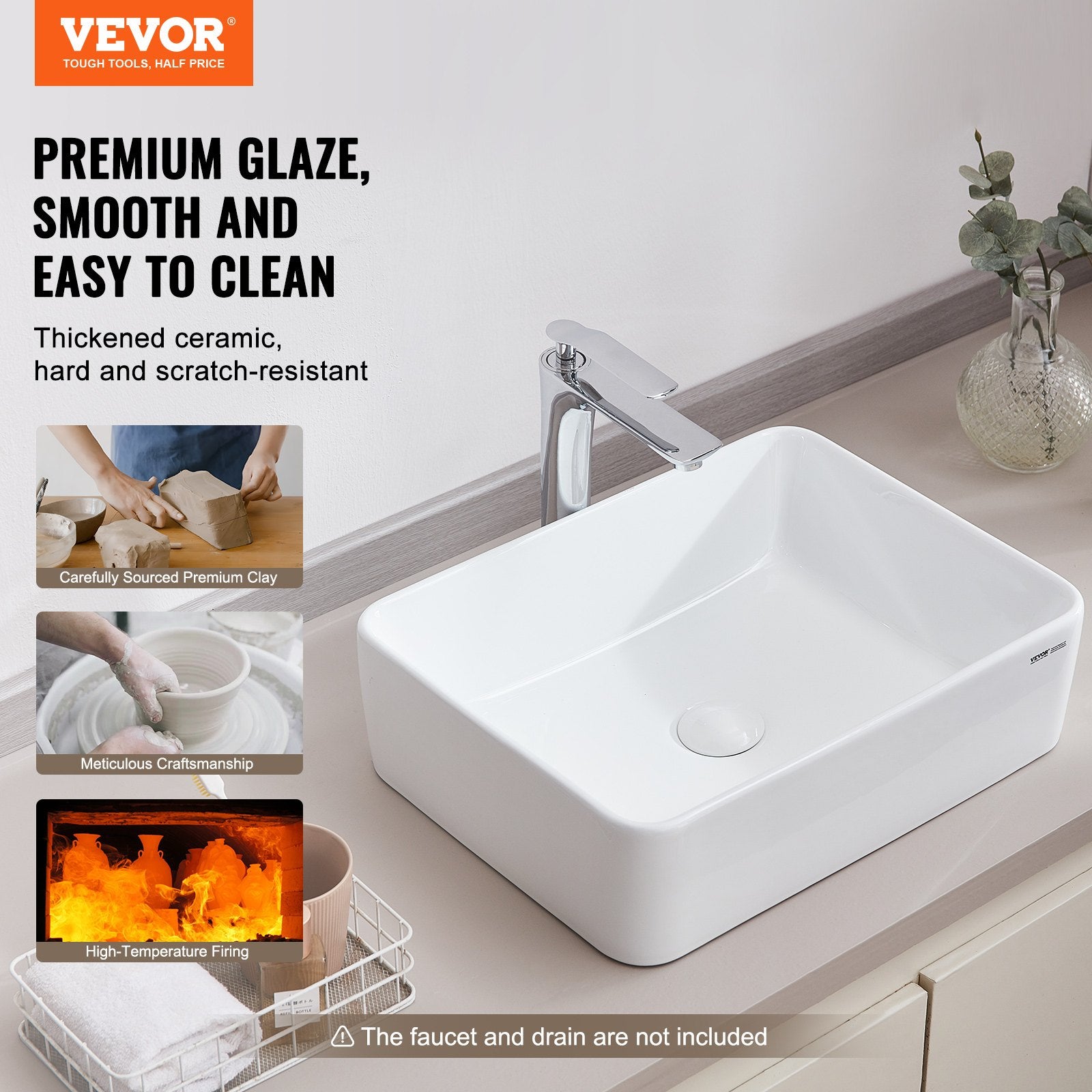 Sinks: VEVOR Modern Ceramic Vessel Sink 48x37cm Bathroom Vanity Bowl Countertop White