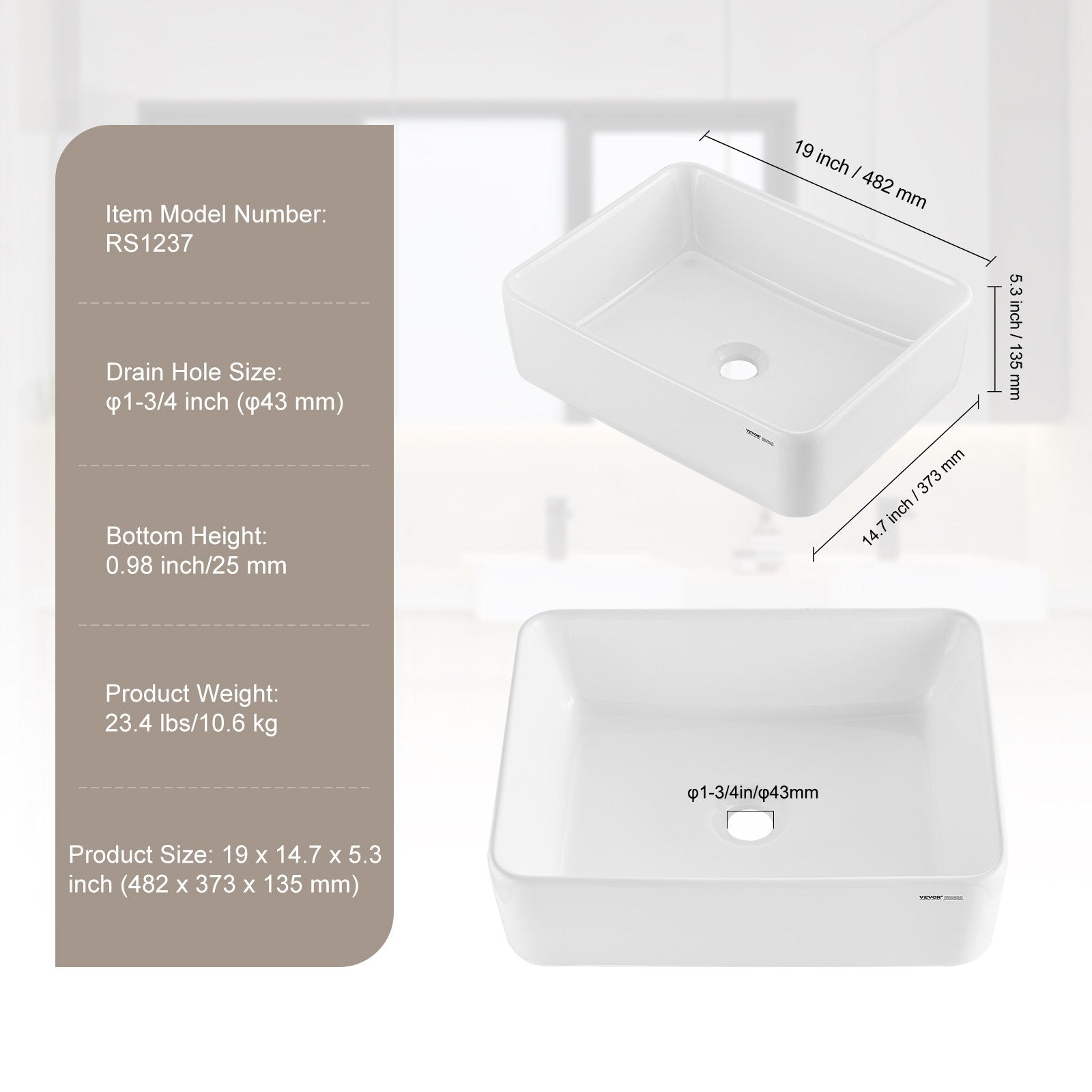 Sinks: VEVOR Modern Ceramic Vessel Sink 48x37cm Bathroom Vanity Bowl Countertop White