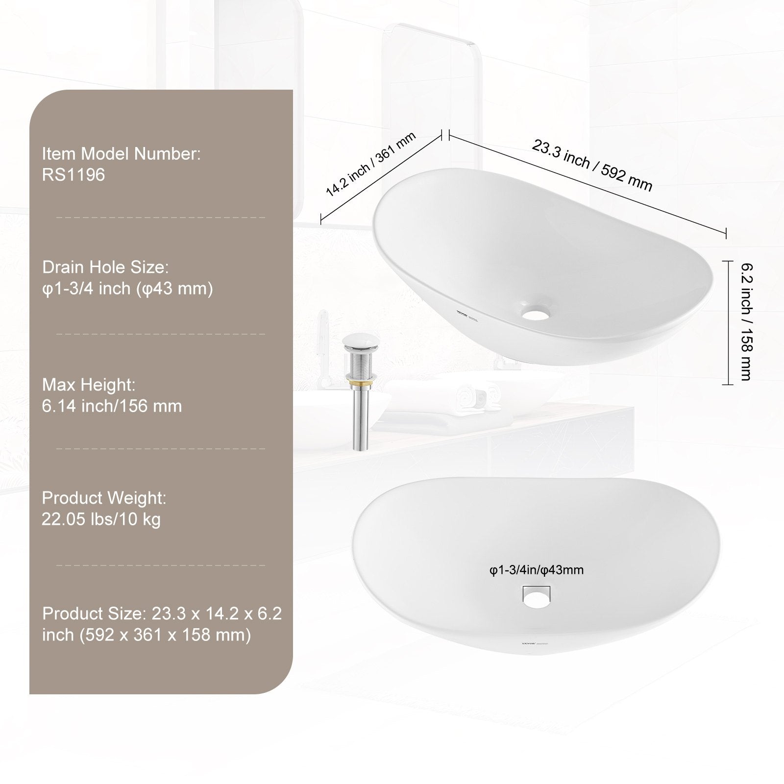 Kitchen & Bathroom DIY: VEVOR Modern Ceramic Vessel Sink 60x36cm Bathroom Vanity Bowl Countertop