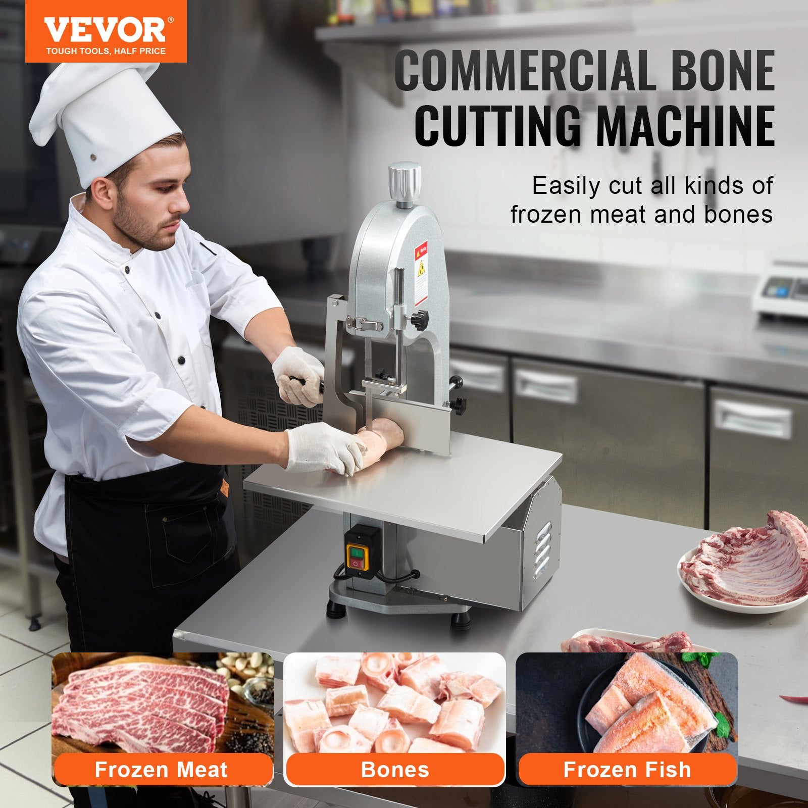 Commercial Electric Meat Bandsaw, 1800W Stainless Steel Countertop Bone Sawing Machine, 380 x 485 mm Workbench, 180 mm Max Cutting Thickness, Frozen Meat Cutter with 5 Blades for Rib Pork Beef
