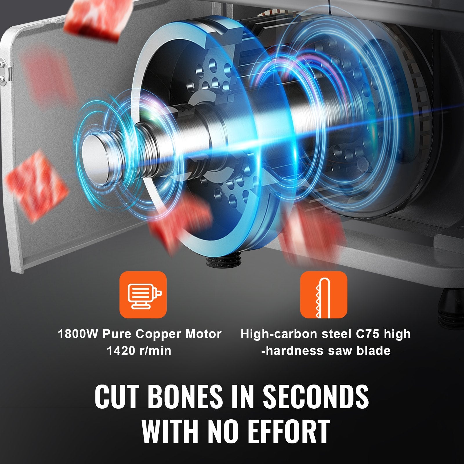 Commercial Electric Meat Bandsaw, 1800W Stainless Steel Countertop Bone Sawing Machine, 380 x 485 mm Workbench, 180 mm Max Cutting Thickness, Frozen Meat Cutter with 5 Blades for Rib Pork Beef