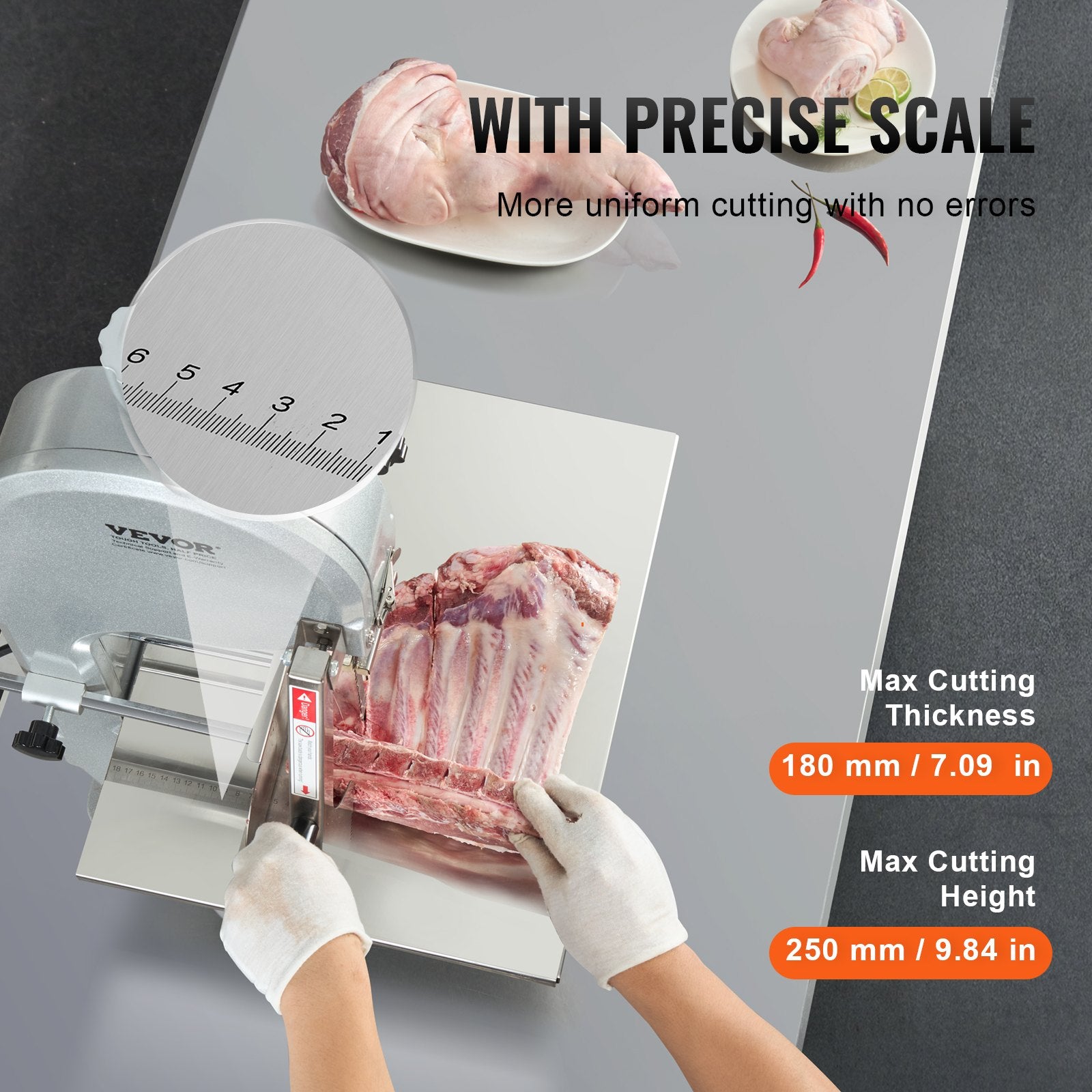 Commercial Electric Meat Bandsaw, 1800W Stainless Steel Countertop Bone Sawing Machine, 380 x 485 mm Workbench, 180 mm Max Cutting Thickness, Frozen Meat Cutter with 5 Blades for Rib Pork Beef