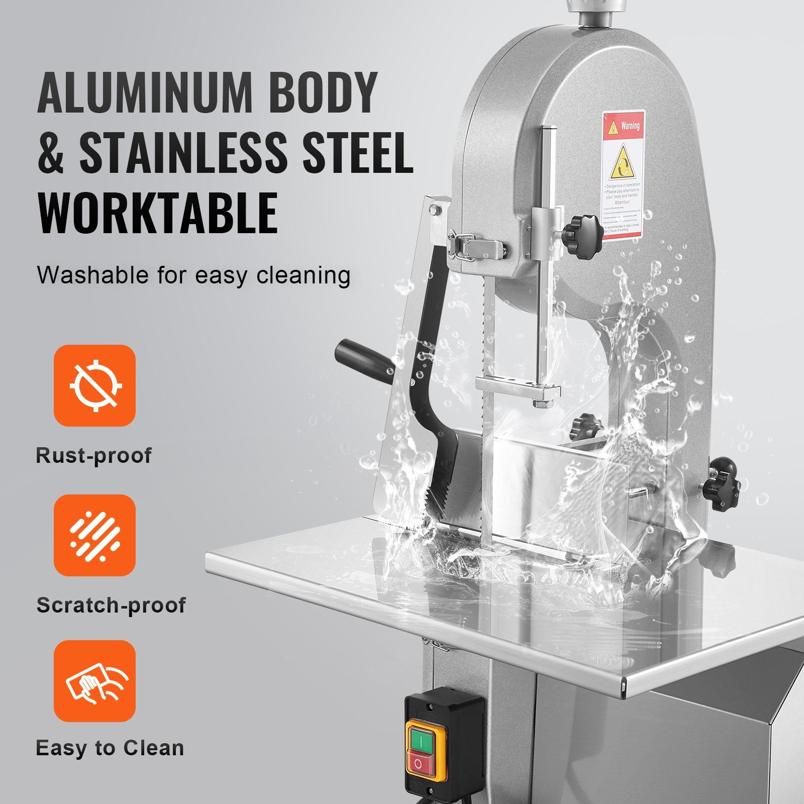 Commercial Electric Meat Bandsaw, 1800W Stainless Steel Countertop Bone Sawing Machine, 380 x 485 mm Workbench, 180 mm Max Cutting Thickness, Frozen Meat Cutter with 5 Blades for Rib Pork Beef