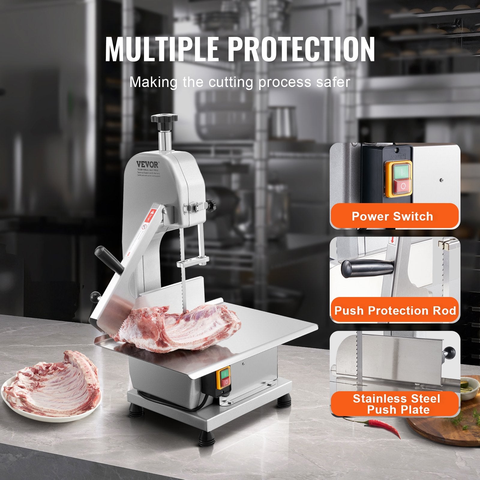 Commercial Electric Meat Bandsaw, 1800W Stainless Steel Countertop Bone Sawing Machine, 380 x 485 mm Workbench, 180 mm Max Cutting Thickness, Frozen Meat Cutter with 5 Blades for Rib Pork Beef