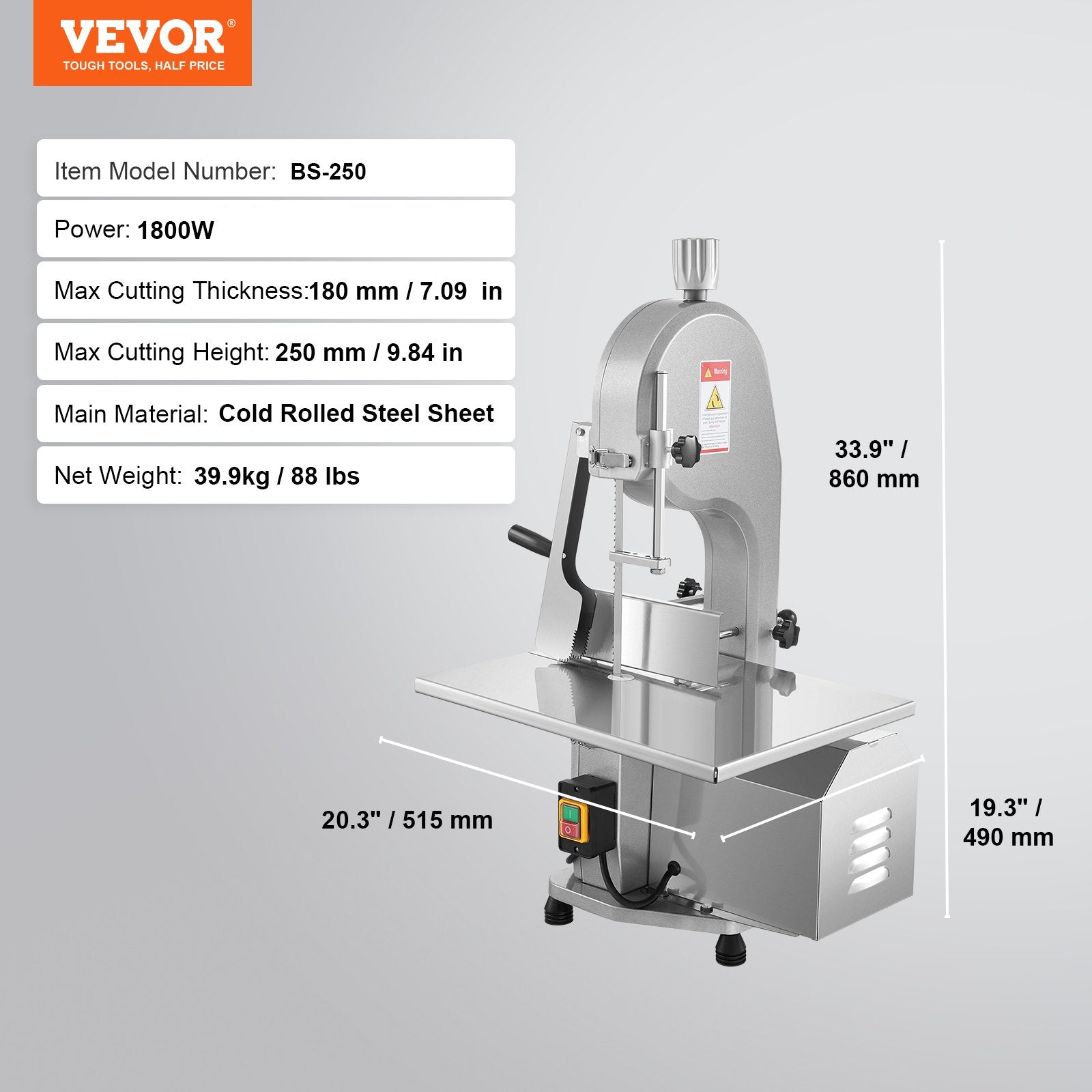 Commercial Electric Meat Bandsaw, 1800W Stainless Steel Countertop Bone Sawing Machine, 380 x 485 mm Workbench, 180 mm Max Cutting Thickness, Frozen Meat Cutter with 5 Blades for Rib Pork Beef