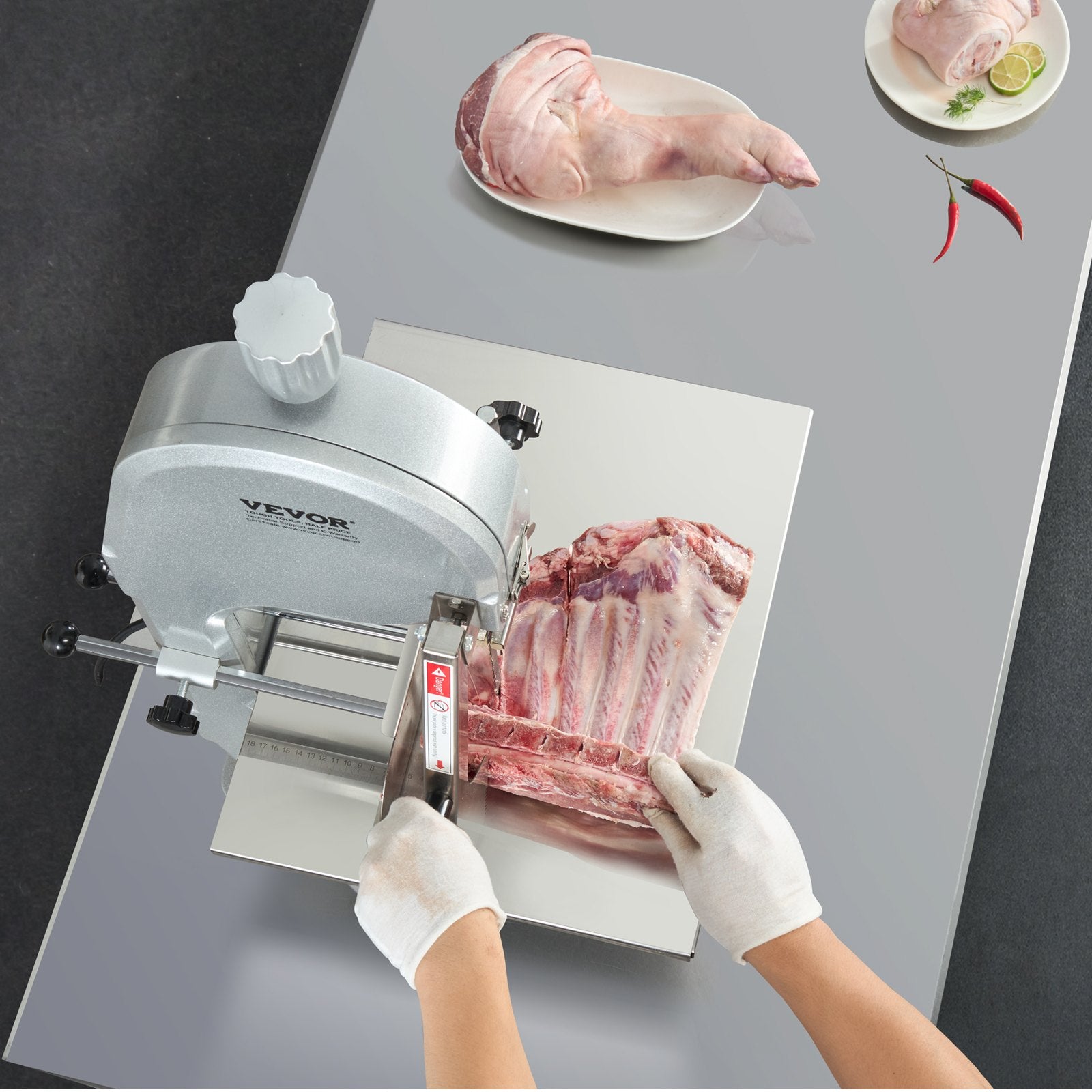 Commercial Electric Meat Bandsaw, 1800W Stainless Steel Countertop Bone Sawing Machine, 380 x 485 mm Workbench, 180 mm Max Cutting Thickness, Frozen Meat Cutter with 5 Blades for Rib Pork Beef