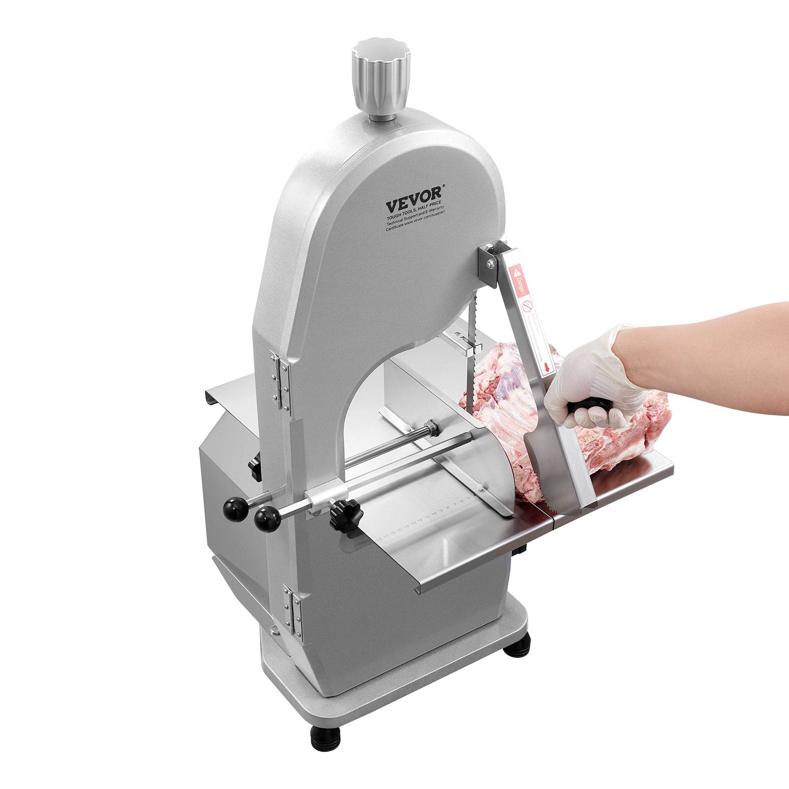 Commercial Electric Meat Bandsaw, 1800W Stainless Steel Countertop Bone Sawing Machine, 380 x 485 mm Workbench, 180 mm Max Cutting Thickness, Frozen Meat Cutter with 5 Blades for Rib Pork Beef