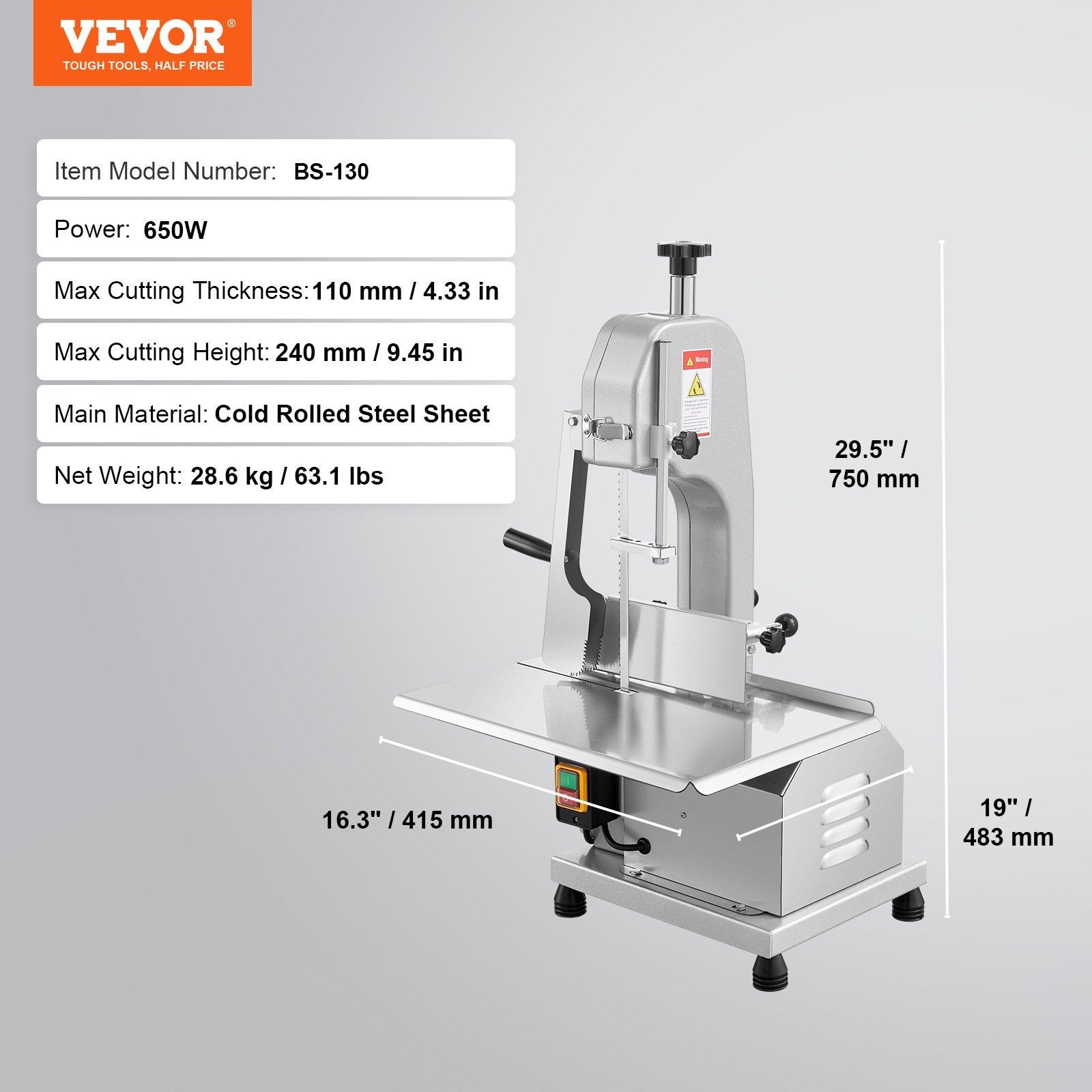 650W Commercial Electric Meat Bandsaw Stainless Steel Bone Sawing Machine