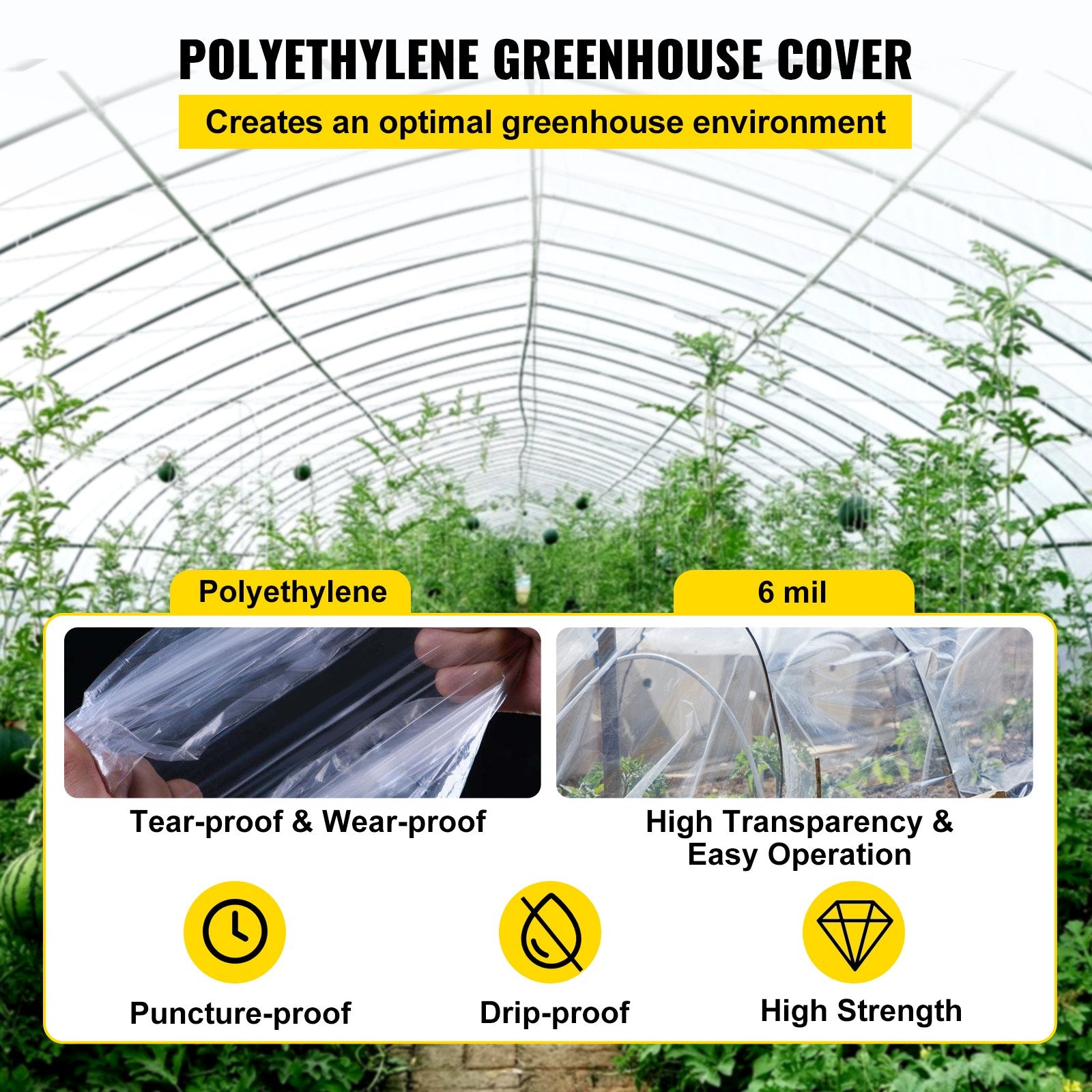Greenhouses & Accessories: VEVOR Greenhouse Film, 24\' x 100\' Greenhouse Plastic Sheeting, 6 mil Thickness Suncover Greenhouse, Clear Polyethylene Cover, UV Proof Farm Plastic Supply for Gardening, Farming and Agriculture