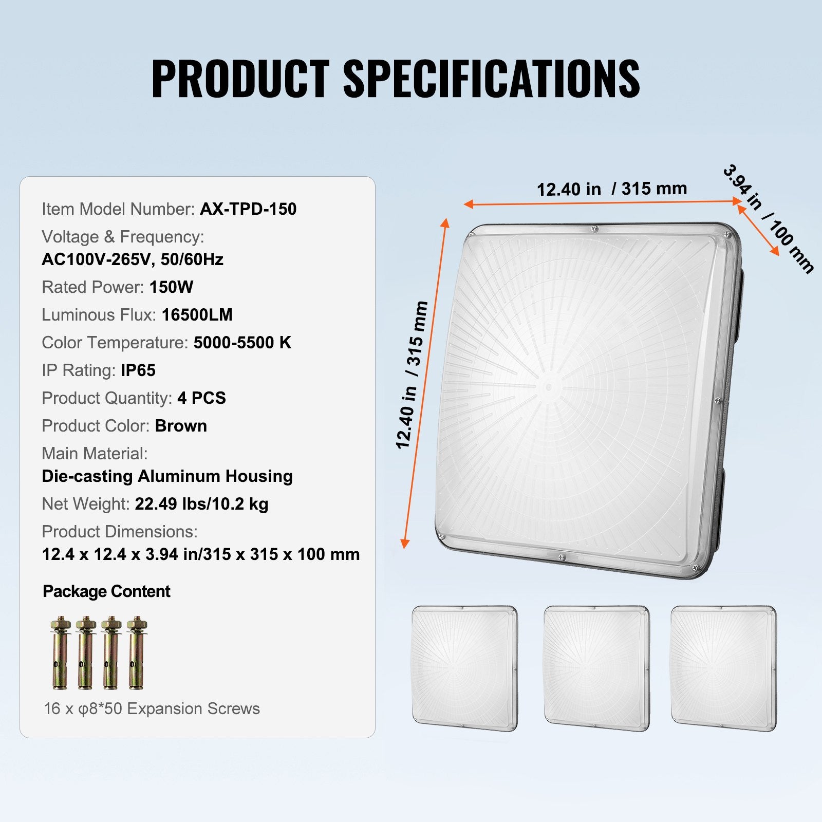 Canopies & Gazebos: VEVOR 4 PCS LED Canopy Light 150W 16500LM 5000K Daylight Outdoor Canopy Lighting